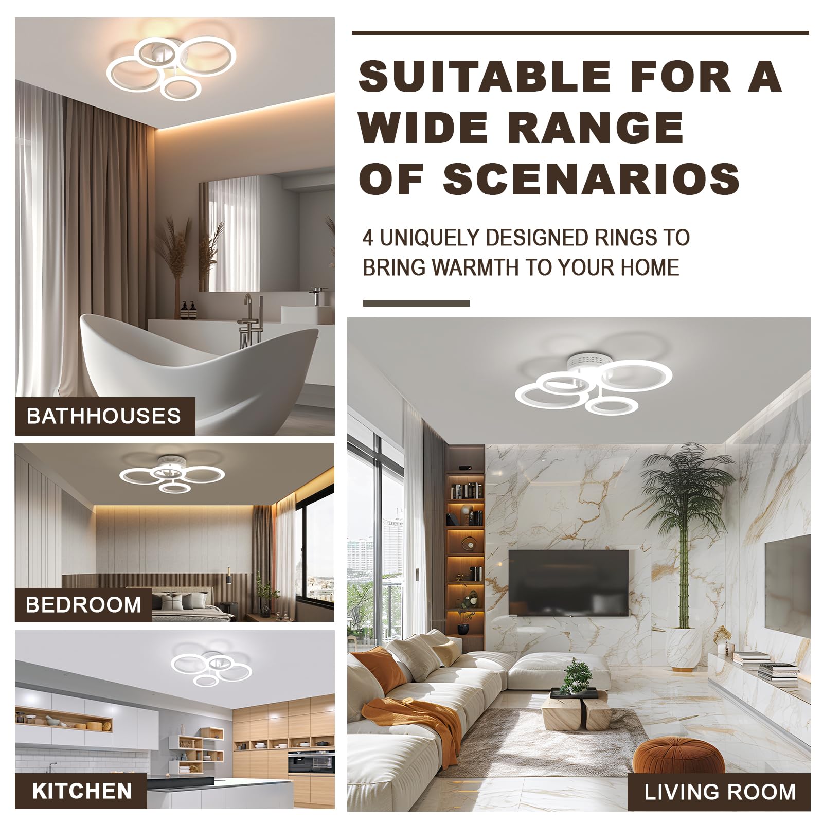 OUQI LED Ceiling Light 48W Dimmable 2800-7000K 4 Rings Modern Chandelier Flush Mount White Acrylic for Kitchen, Small Room, Bedroom