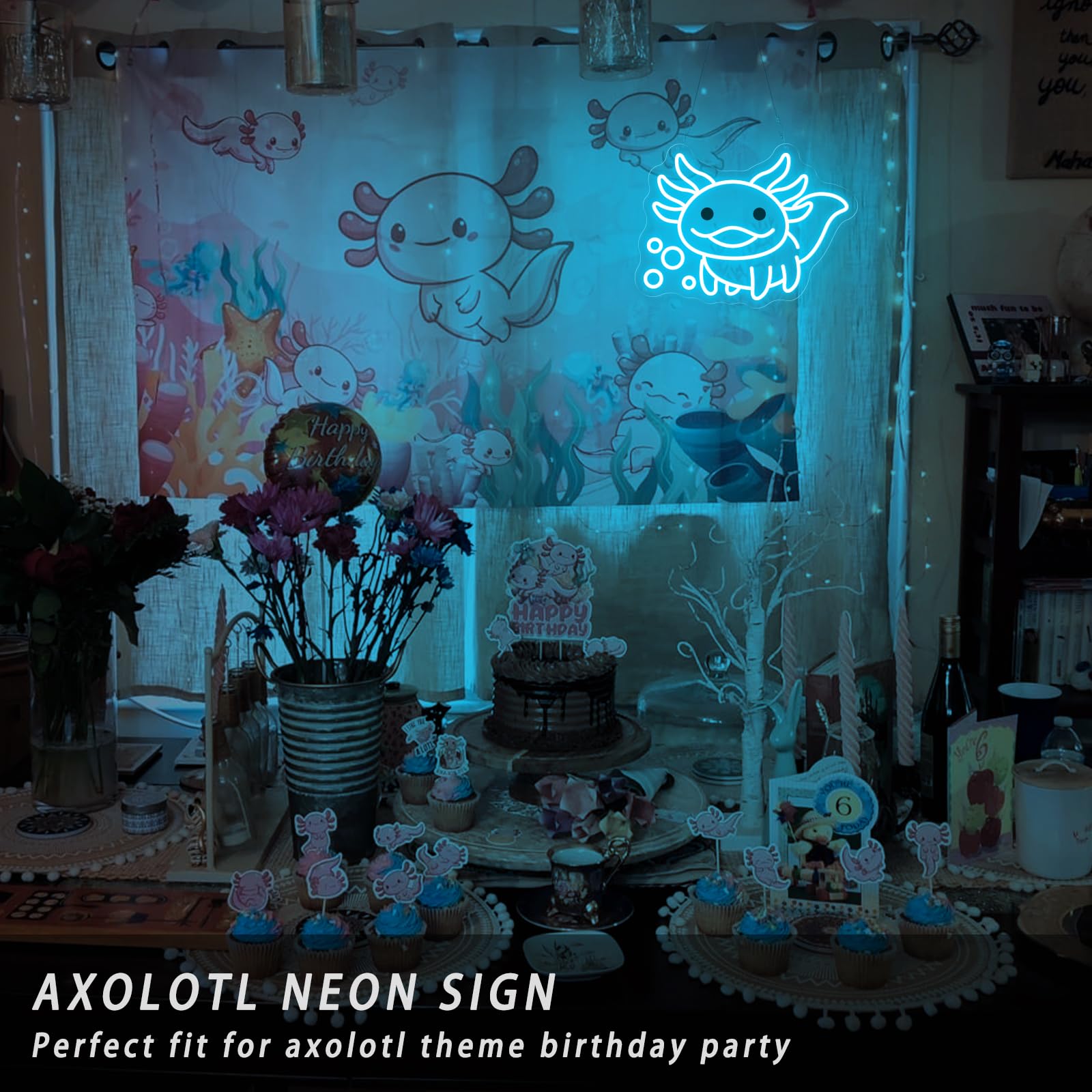 Housignz Axolotl Neon Sign - Dimmable LED Light for Kids' Room, 15x11.1in, Ice Blue, USB Powered, Perfect for Axolotl Lovers &