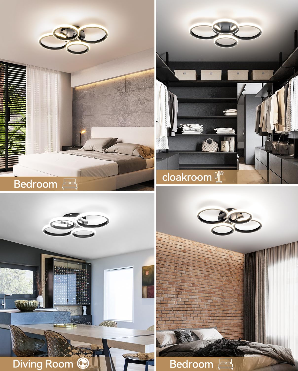 4 Ring Modern Led Ceiling Light Fixture With Remote Control, 3000K-6500K 3-Color Black Dimming Circle Modern Ceiling Light For B