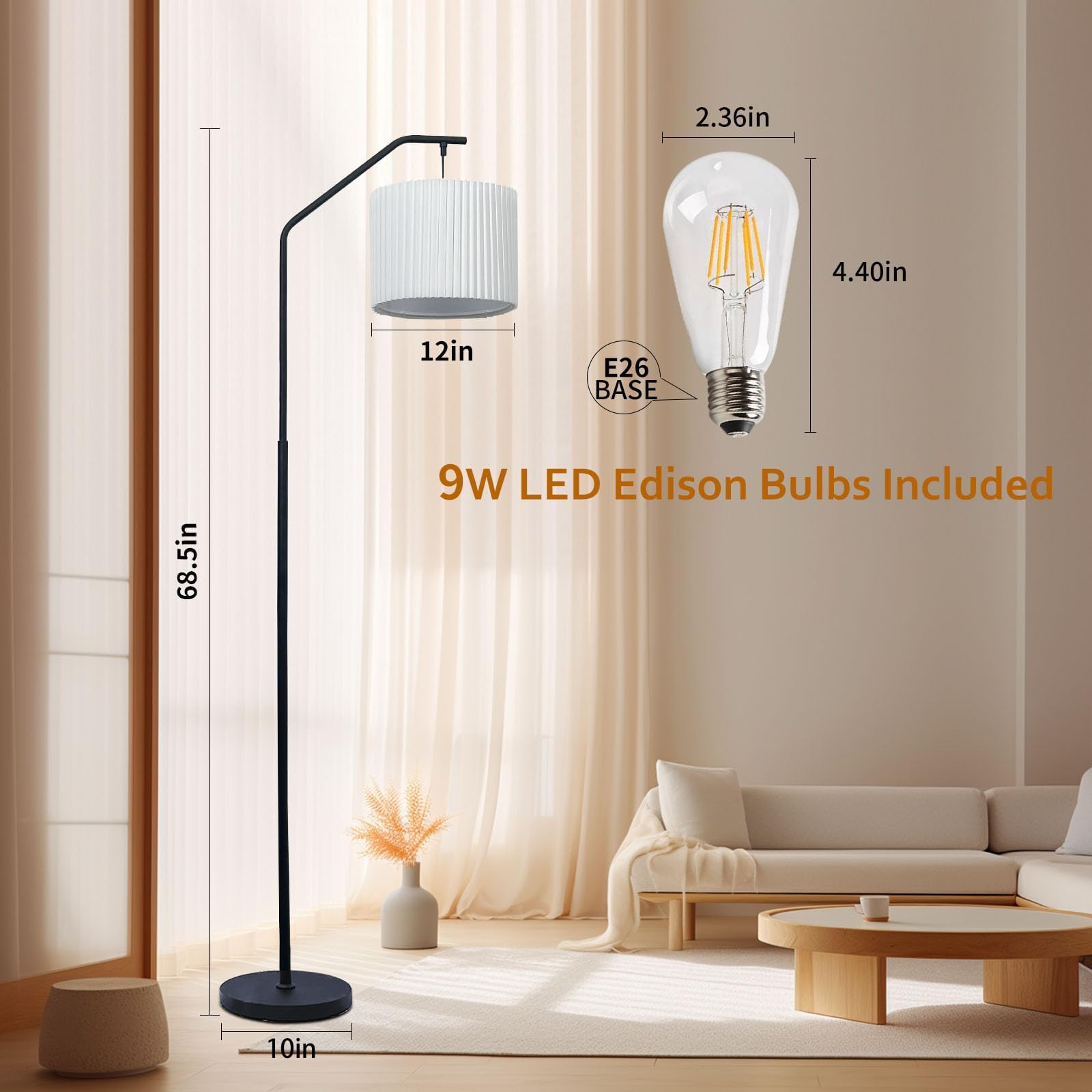 68&quot;Floor Lamp,9W Led Edison Bulbs Included Adjustable Lamp Head Standing Lamp With Foot Switch With Pleated Lampshade, Tall Floor Lamp Reading For Living Room Bedroom Office Classroom Dorm Room