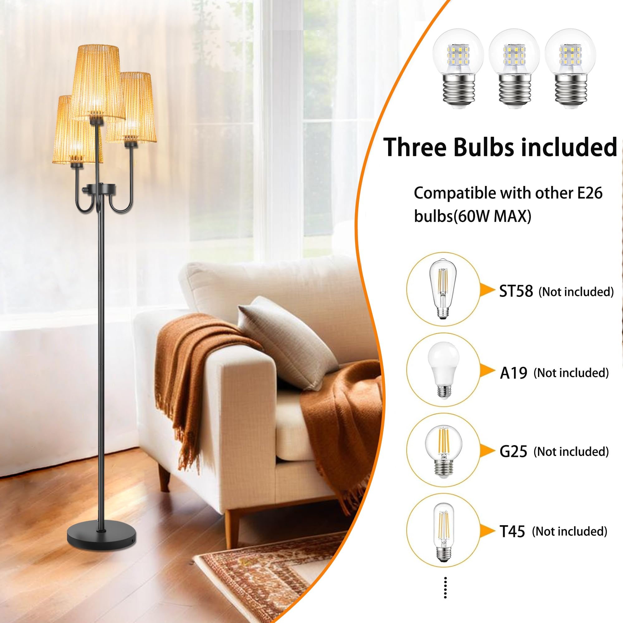 Mkpaei Boho Floor Lamp, Dimmable Farmhouse Floor Lamp With 3 Elegant Rattan Cage Shade And 7W Led Bulbs, 65'' Rustic Tree Tall L