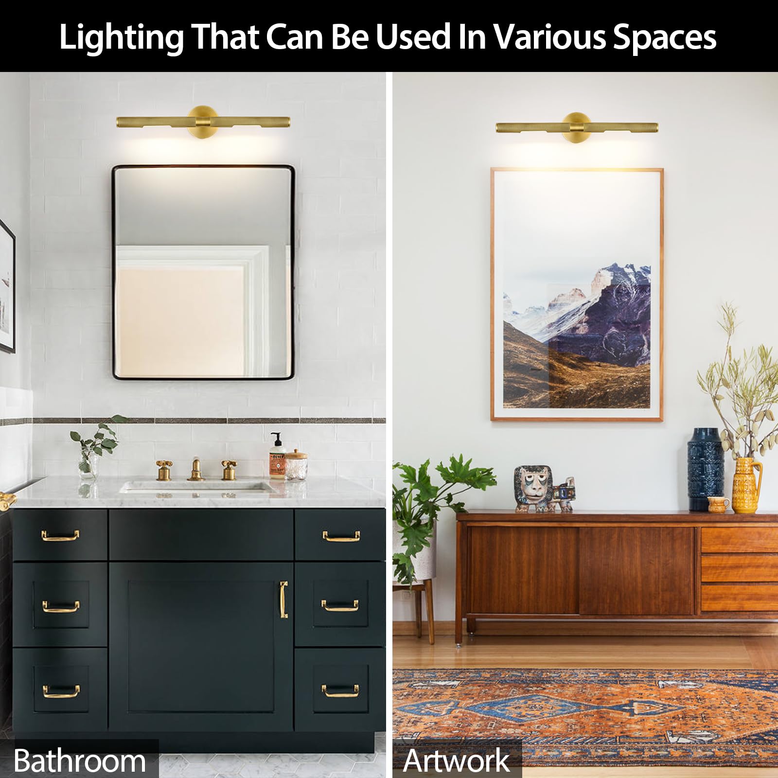 Knurldon Gold Brass Hardwired Picture Light, 24'' Knurled Dimmable Rotatable 360 Picture Lights For Wall, Vanity Light, Gallery