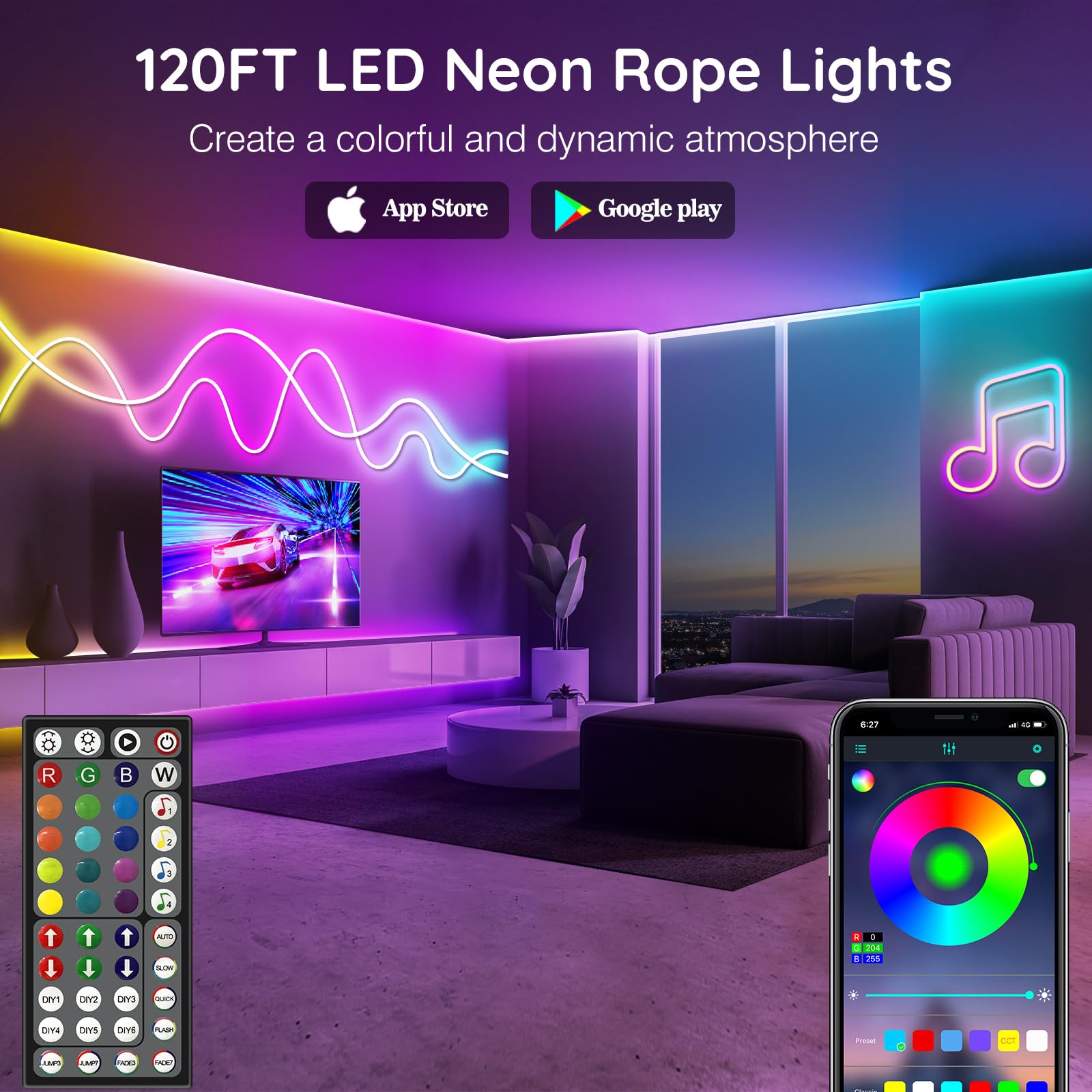 LETIANPAI 120Ft Neon Rope Lights, RGB LED, App/Remote Control, Music Sync, Flexible for Bedroom & Outdoor Use