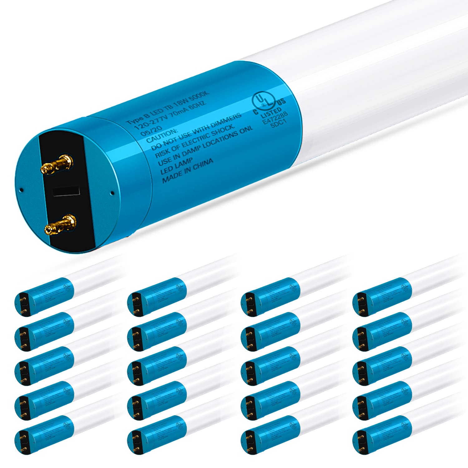 Hykolity 20 Pack 4Ft Led T8 Ballast Bypass Type B Light Tube, 18W, 2400Lm For Single-Ended & Dual-Ended Connection, 5000K, Frost