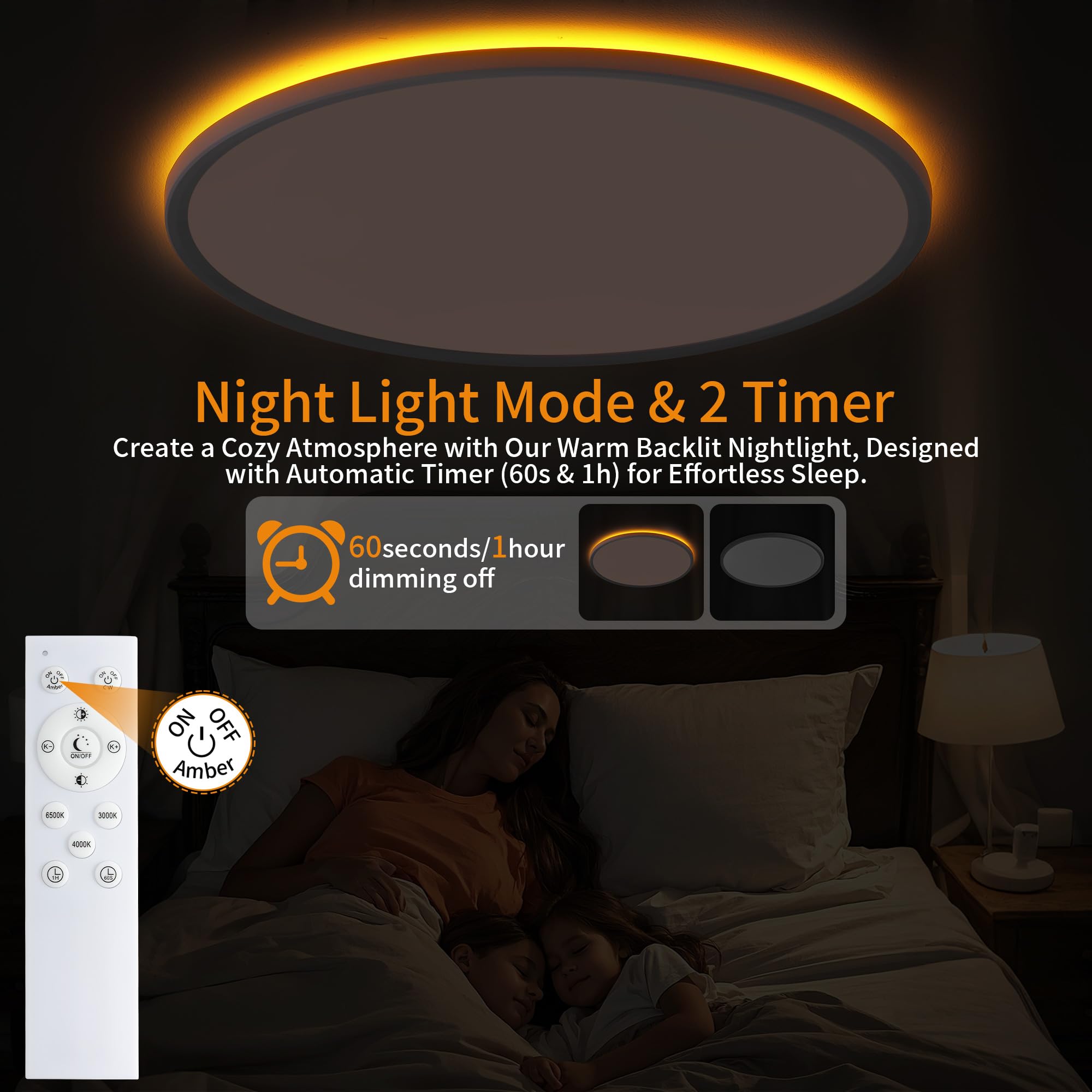 UprizeP Flush Mount Ceiling Light with Remote Control, 45W 4500LM, 19in, Dimmable 1800K-6500K, White, Model LT016