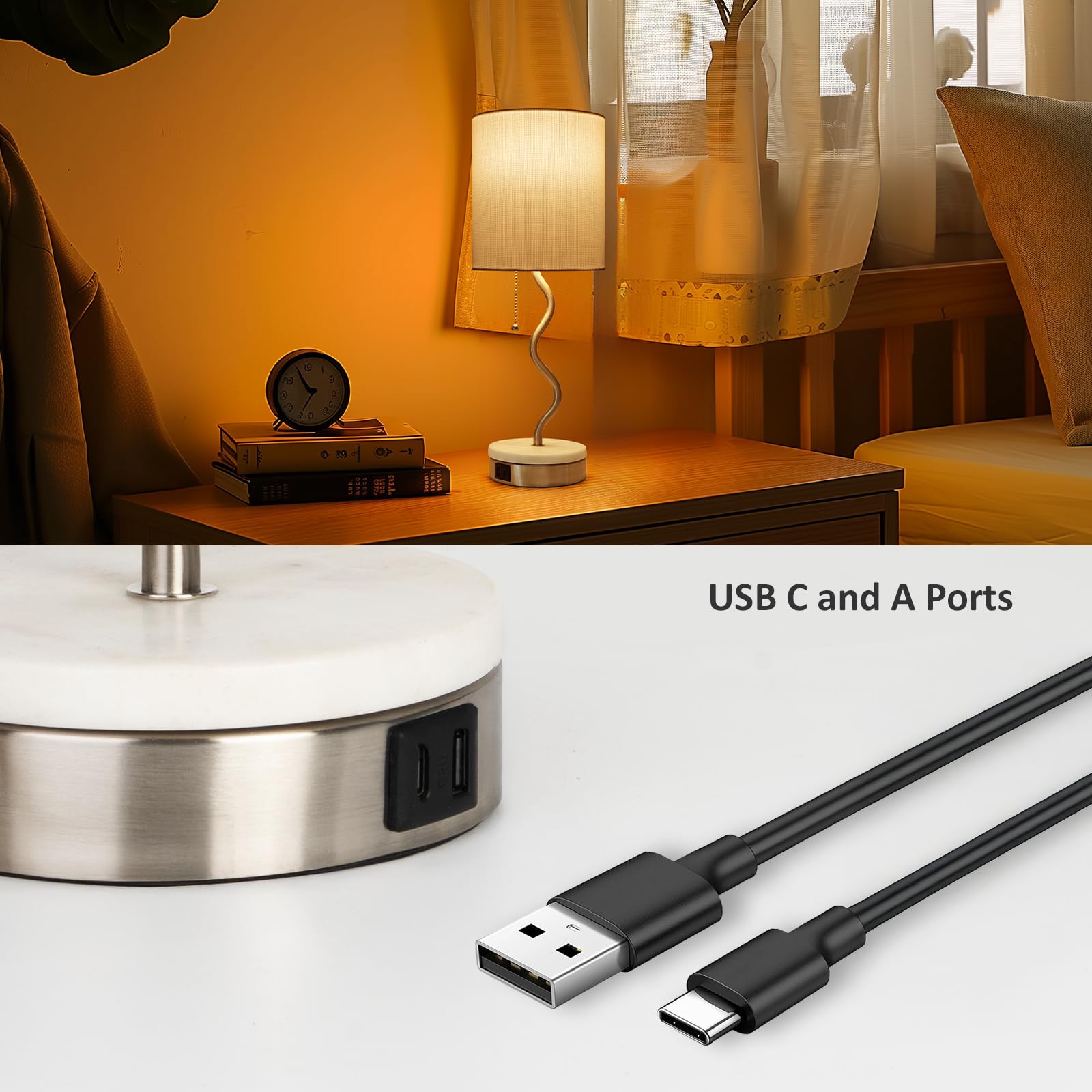 Velxee Marble Base Table Lamp - Modern Bedside Lamp With Usb Port & Pull Chain, Lamp For Bedroom, Living Room, Or Office - Elega