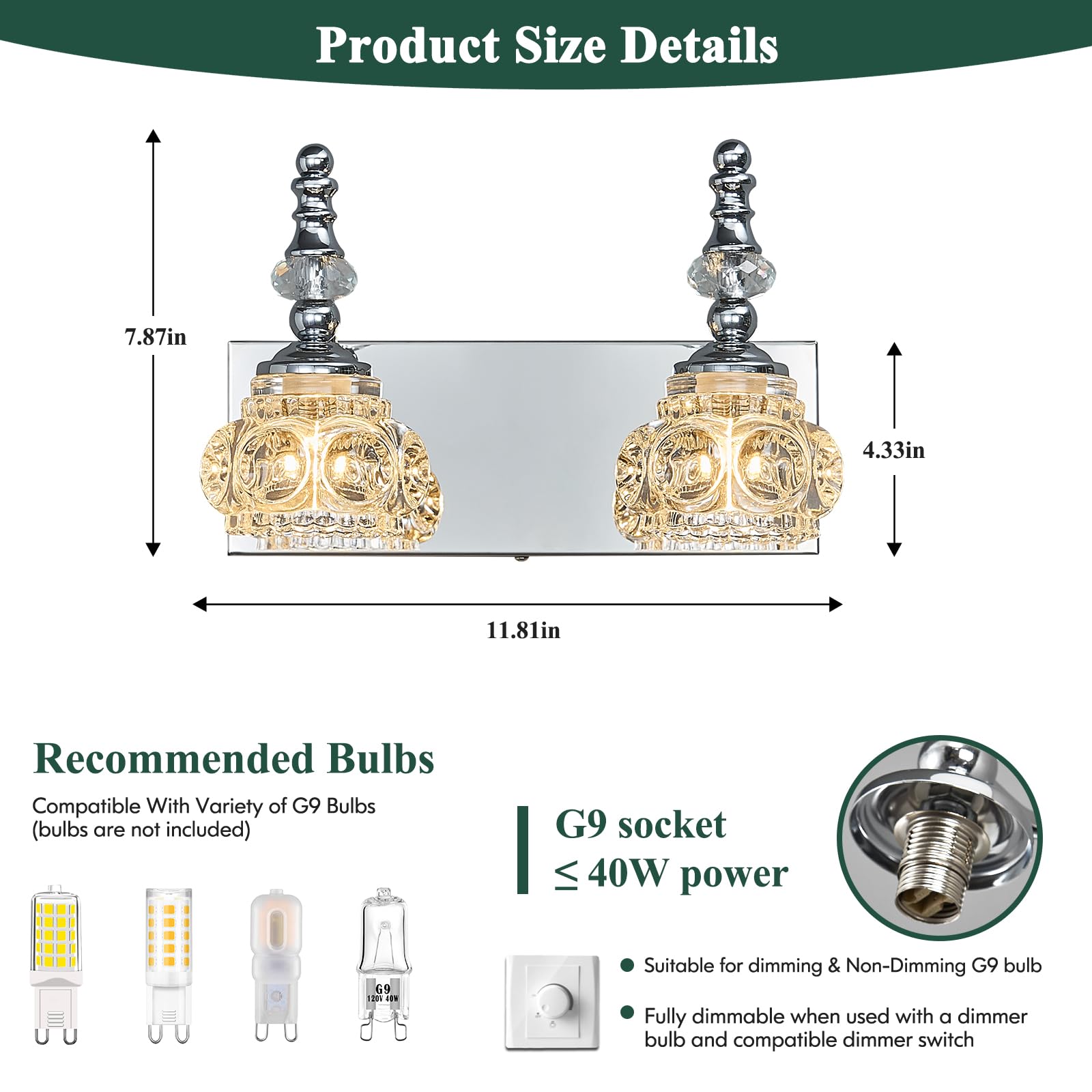 Lbsqj Modern Glass Crystal Vanity Light - Vintage Bathroom Lighting Fixtures Over Mirror  2 Light Vanity Lights G9 Bulb (11.81 Inch  Chrome)