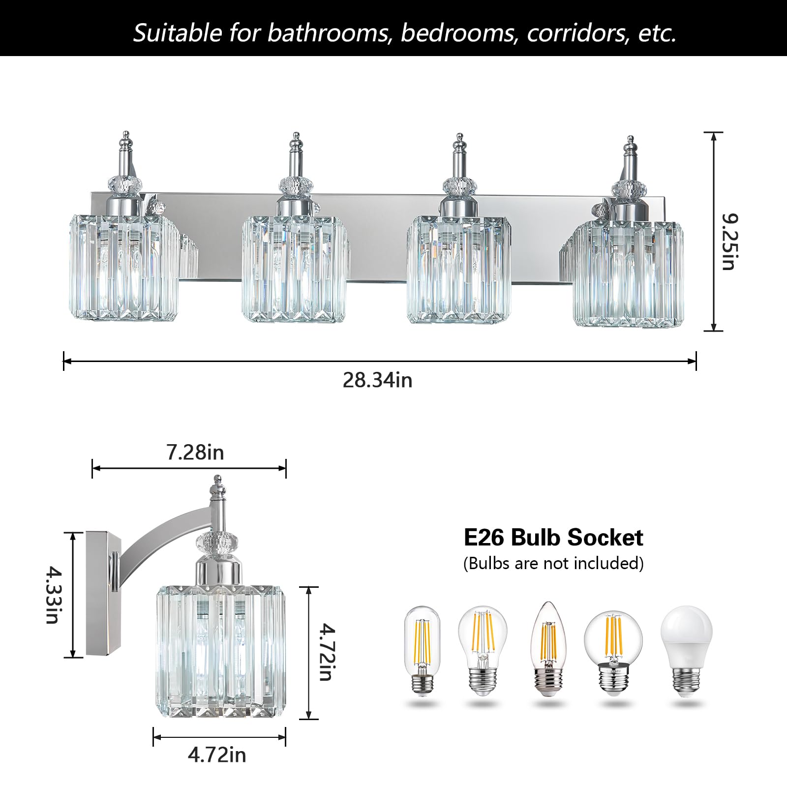BBLLWJ Crystal Vanity Lights 4-Light Chrome Metal Bathroom Fixture Model 655