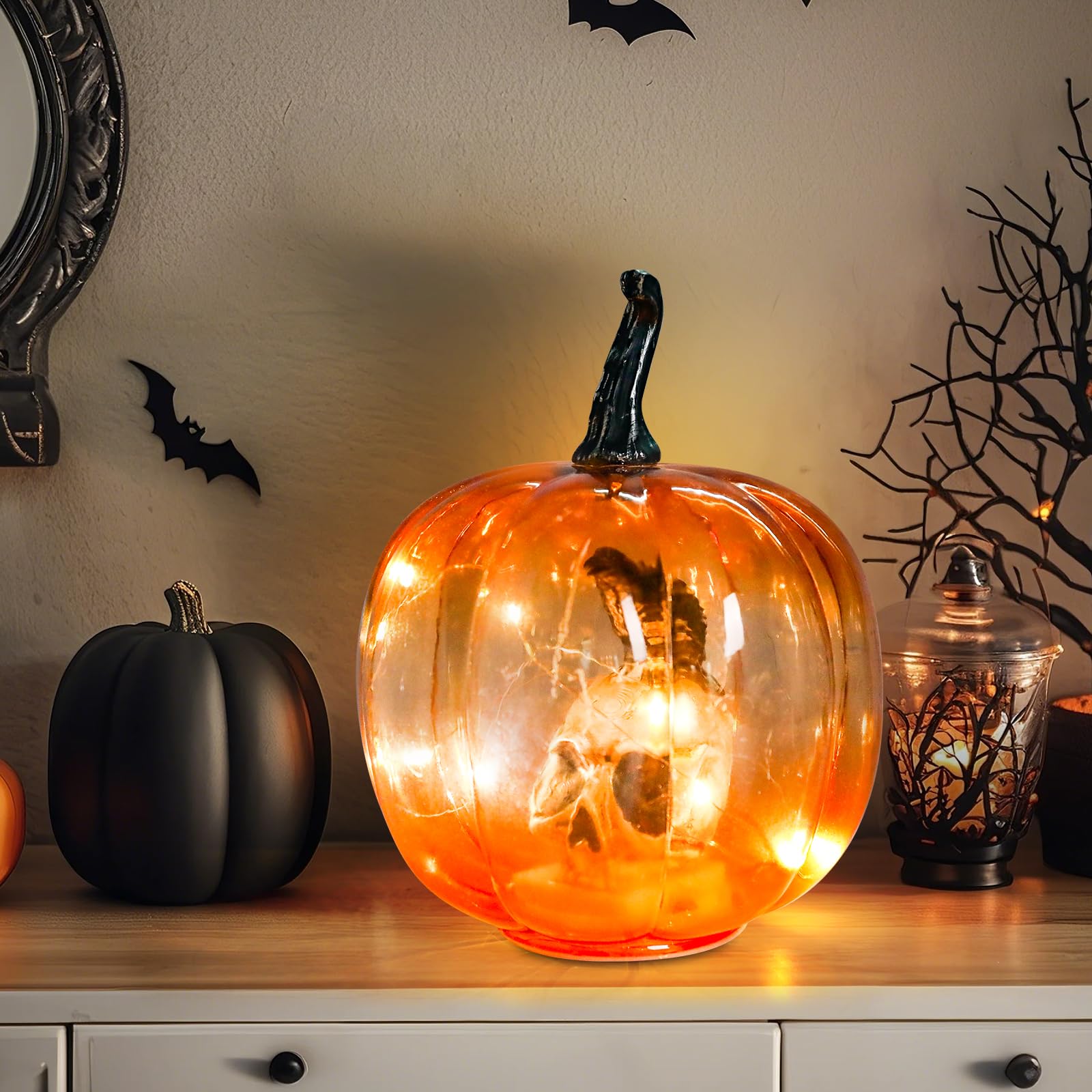 Ovewios Halloween Pumpkin Lights  Light Up Glass Pumpkins Table Lamps Indoor Home Decoration For Thanksgiving Halloween Party Tabletop Decor