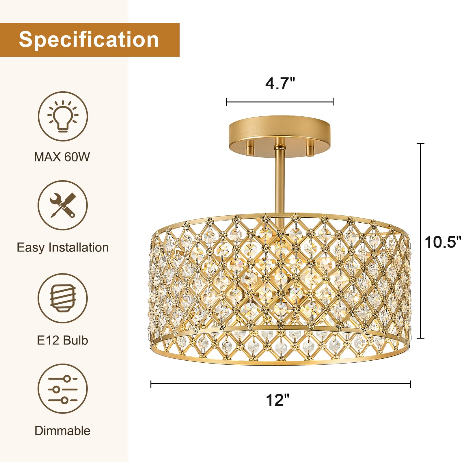 Bzvesr Gold Crystal Ceiling Light Fixture,Modern Semi Flush Mount Ceiling Lighting Fixture,Round Small Chandelier For Dining Roo