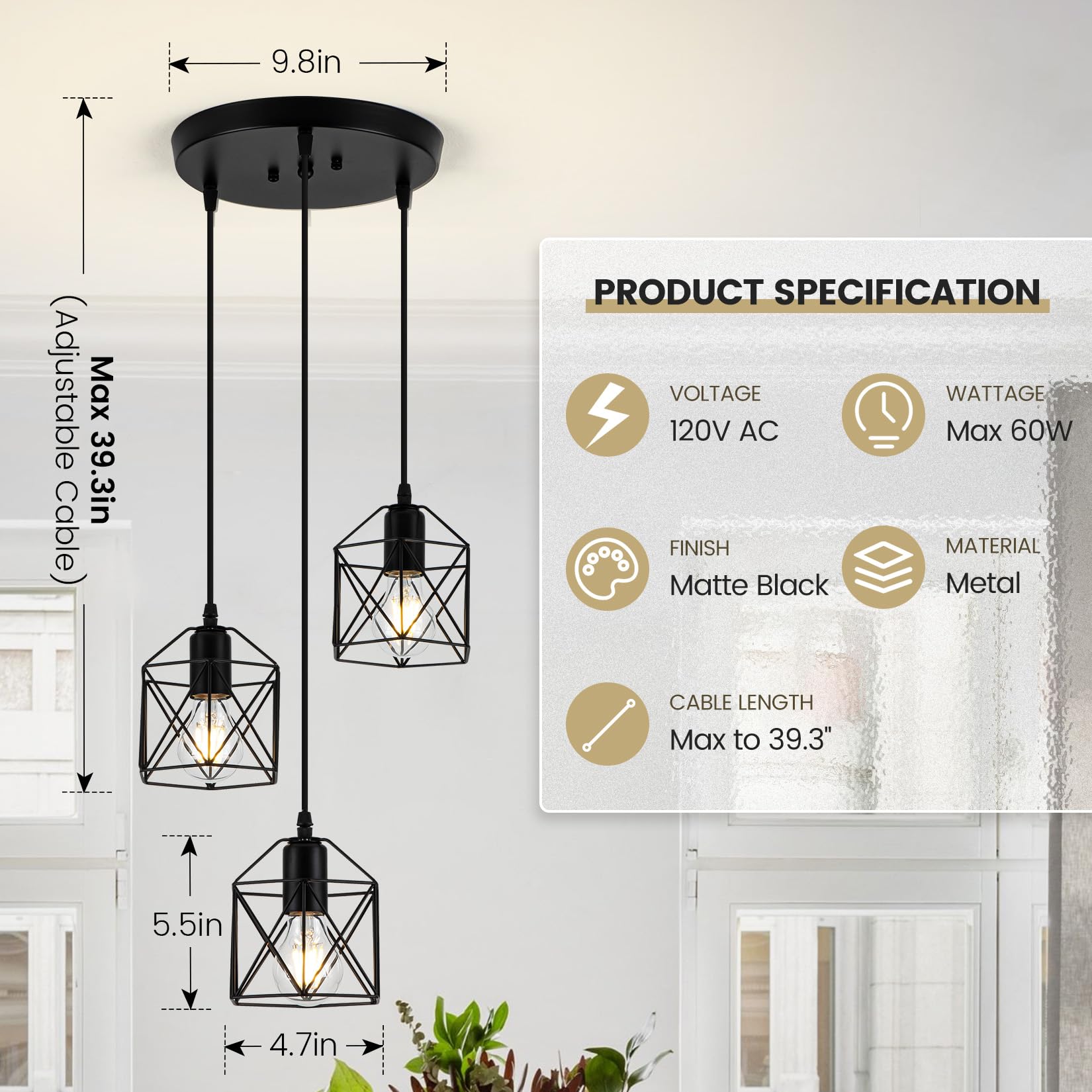 Rocunsi 3-Light Pendant Light Fixtures  Farmhouse Hanging Pendant Lighting  Dining Room Chandelier  Industrial Kitchen Island Hanging Light Fixture  Black Metal Cage Pendant Ceiling Lamp For Kitchen