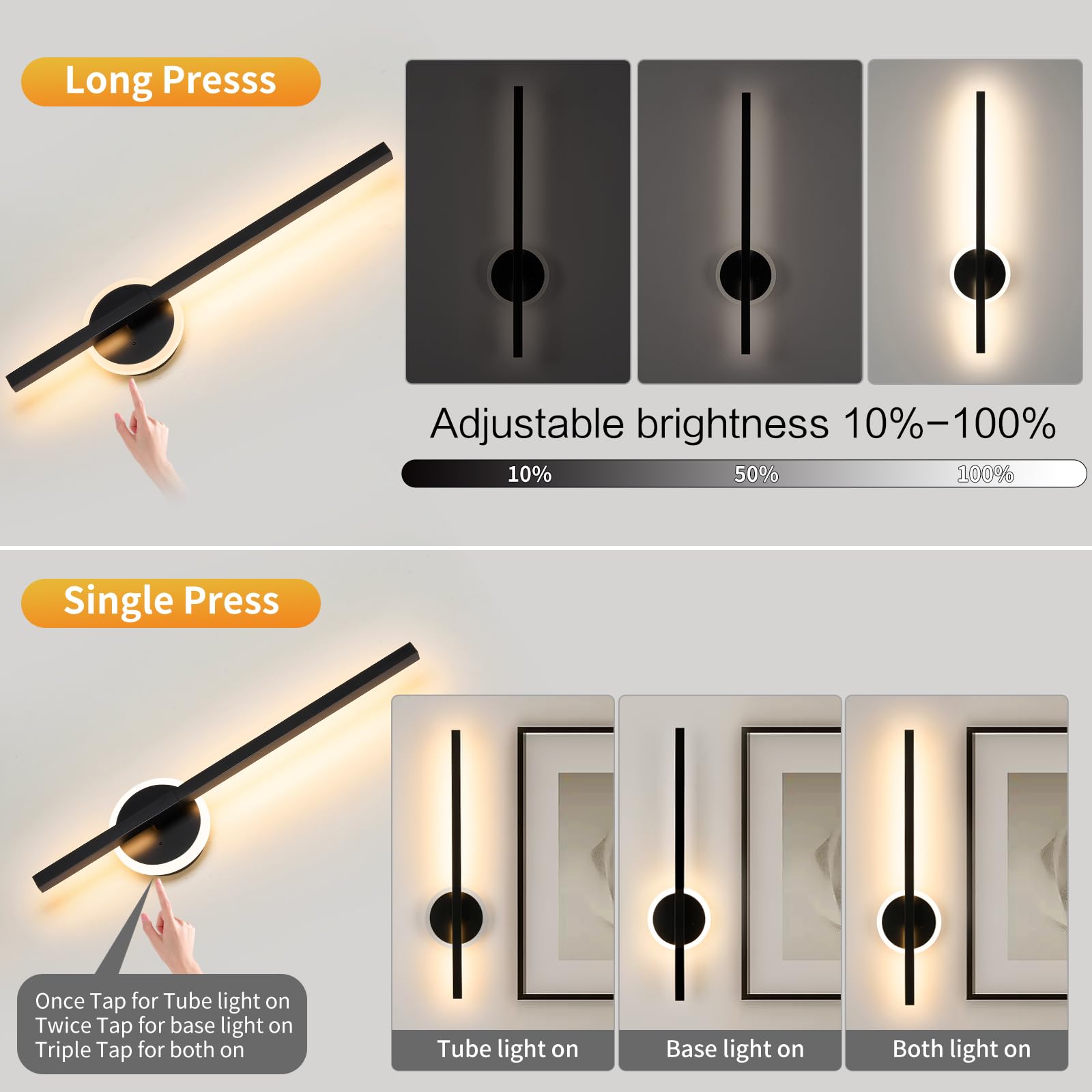 Lumiquesce Wireless Wall Sconce, Dimmable LED Lamp, 24 Inch, Black, Model 7105, Rechargeable with Remote Control