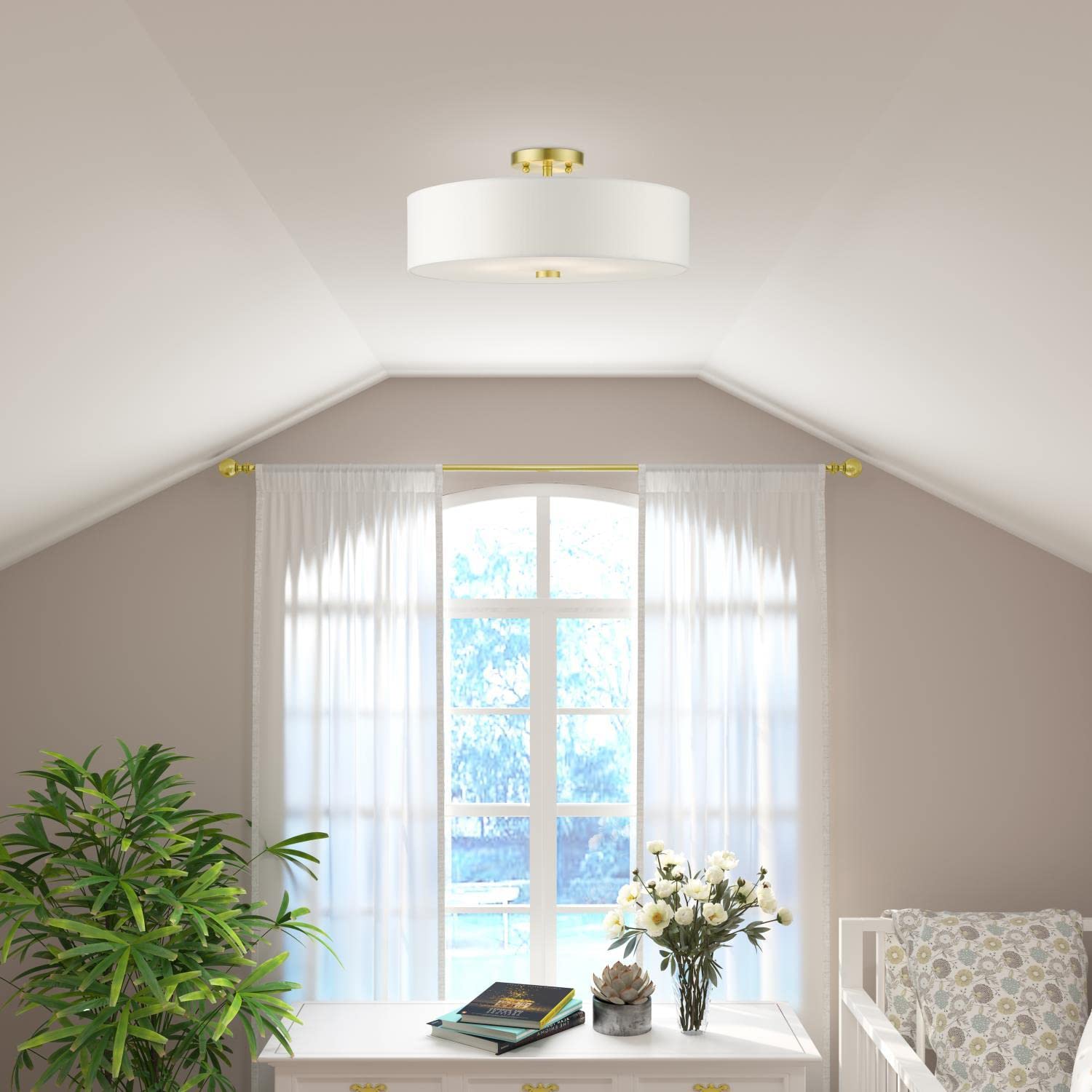 Livex Lighting 51055-12 Meridian Collection 4-Light Semi Flush Mount Ceiling Light With Off-White Hardback Fabric Shade, Satin B