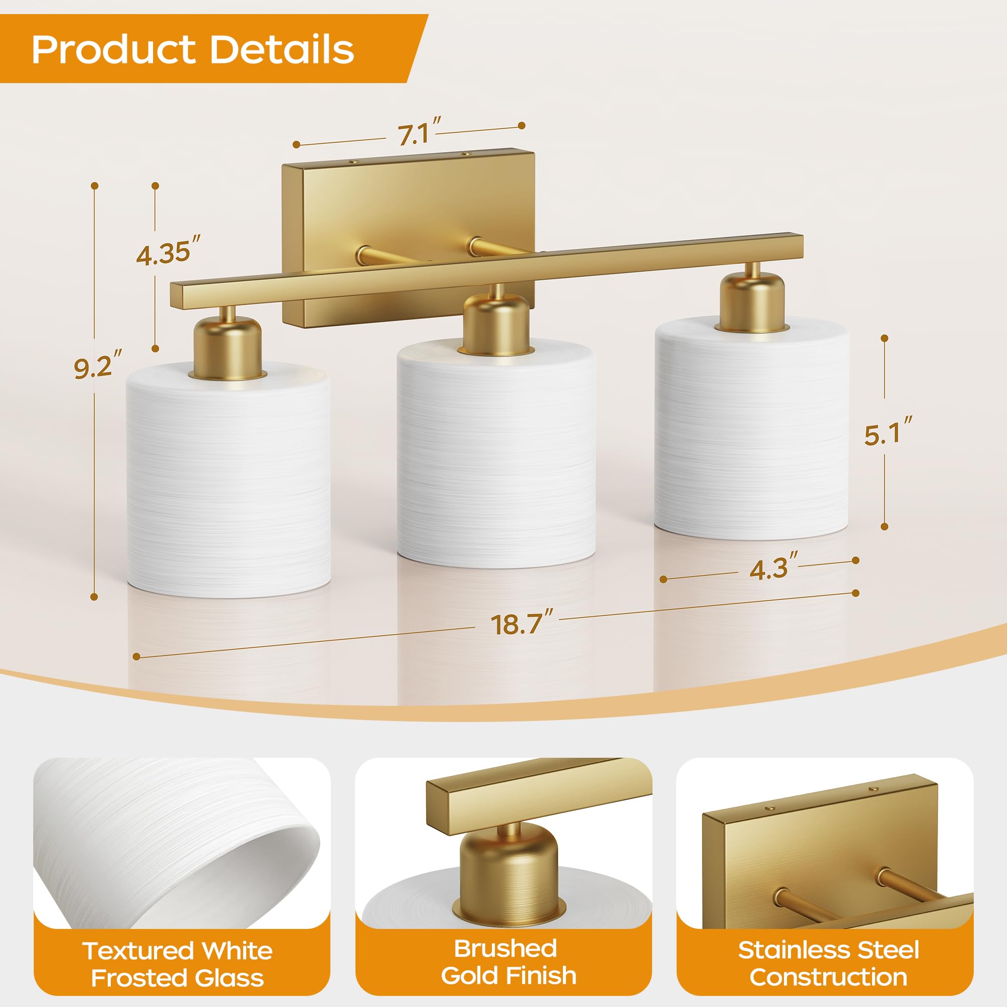 PARTPHONER Bathroom Light Fixtures, 3-Light Vanity Light, Brushed Gold, Stainless Steel, Model PAWL177AS1