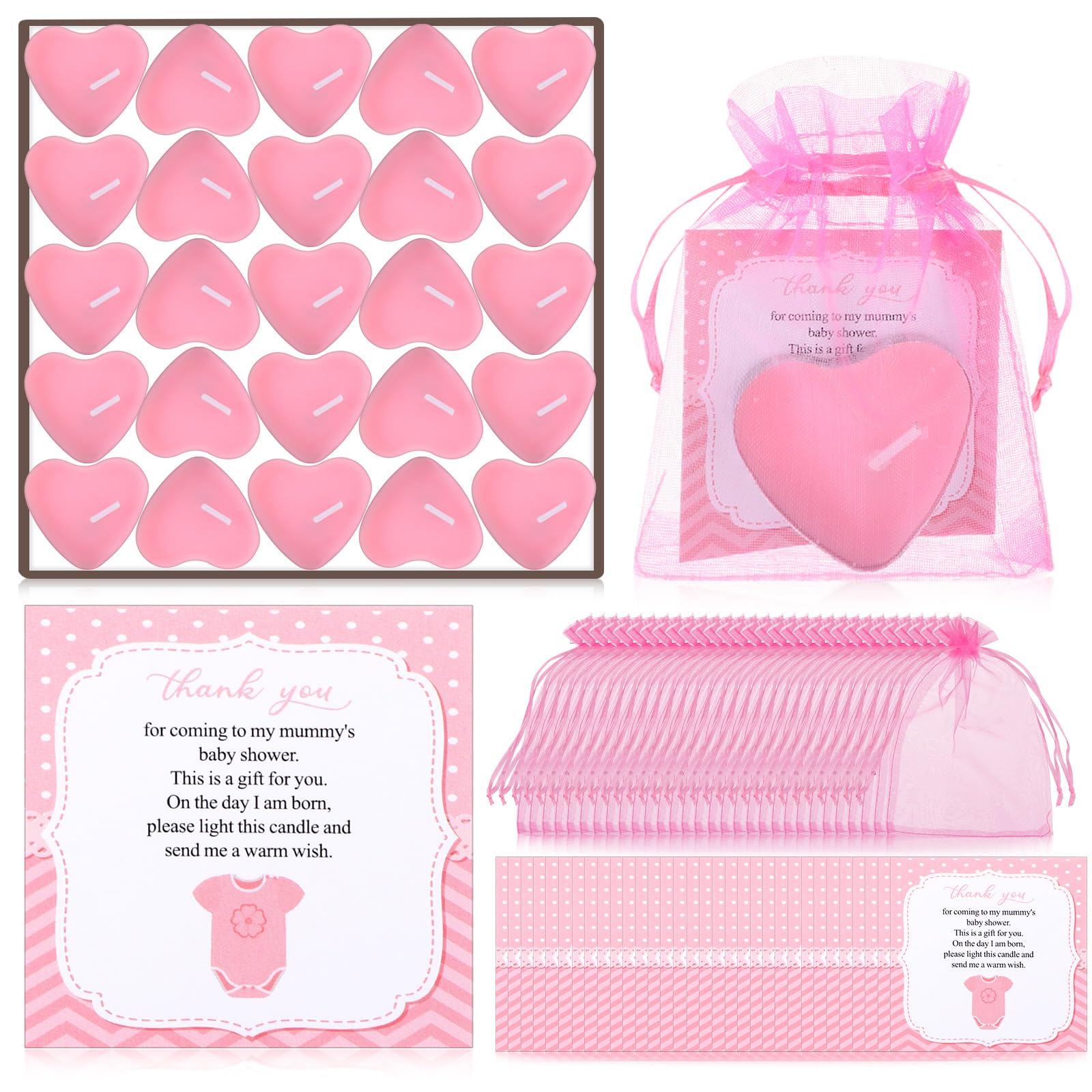 Threlaco 50 Sets Baby Shower Party Favor for Guest Include 50 Valentine's Day Heart Shaped Tealight Candle 50 Thank You Card 50 