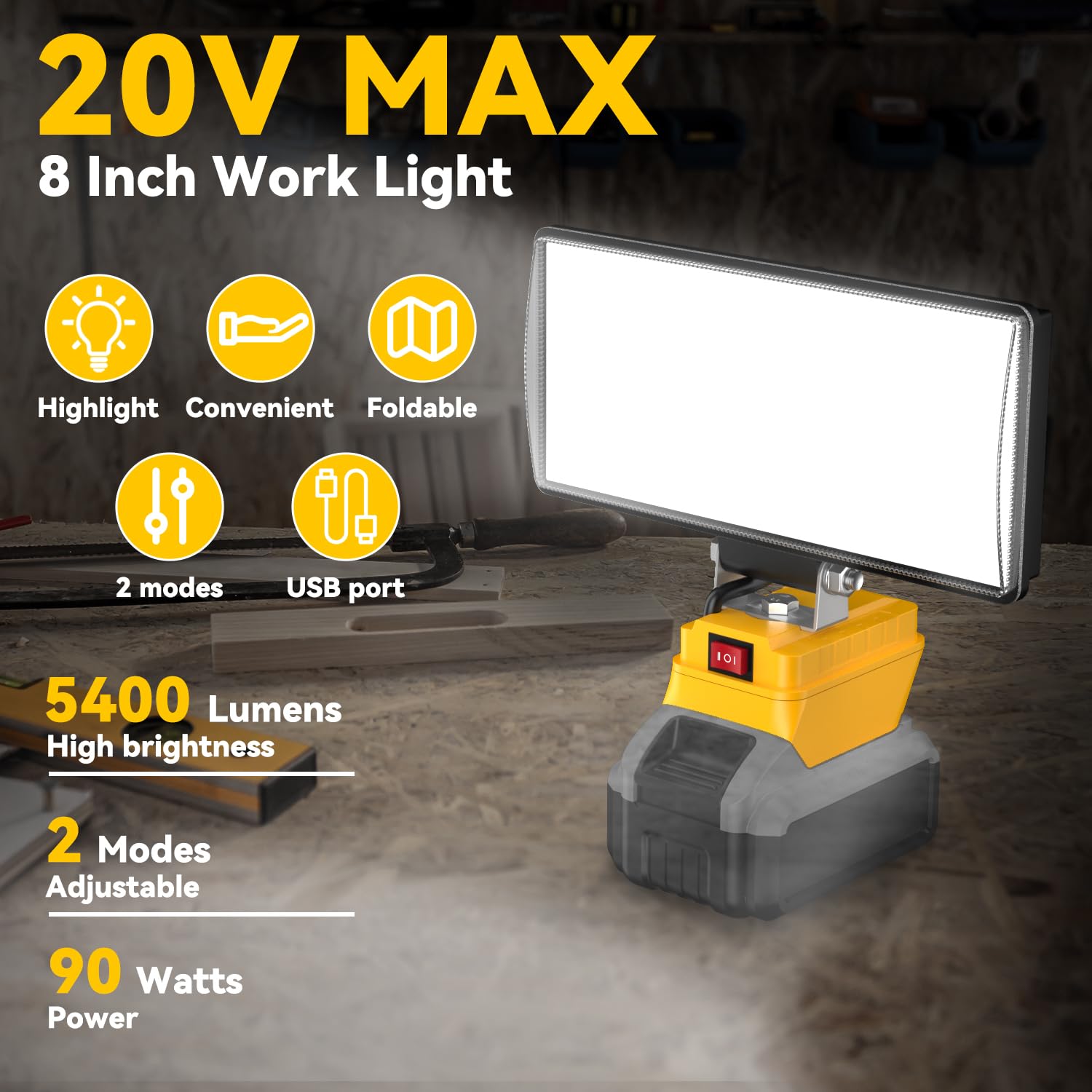 8'' Cordless Led Work Light For Dewalt 20V Battery, Two Levels Adjustable Flood Light Up To 90W 5400 Lumens With Usb Charging Po