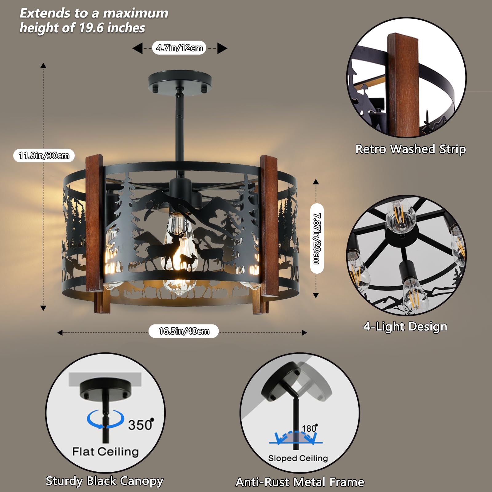 Monyohame Rustic Deer 4-Light Ceiling Light Fixture, Black Metal & Wood, 16.5" L x 16.5" W x 11.8" H, Ideal for