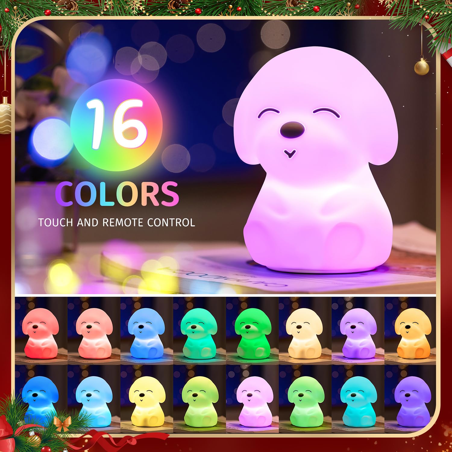 Mubarek Night Lamp Dog Themed Gifts,Remote+16 Colors+Timer+Rechargeable Dog Night Light For Baby Nursery Decor, Cool Kawaii Silicone Dog Unique Lamps Dog Gift Ideas Christmas Gifts Unique Home Decor