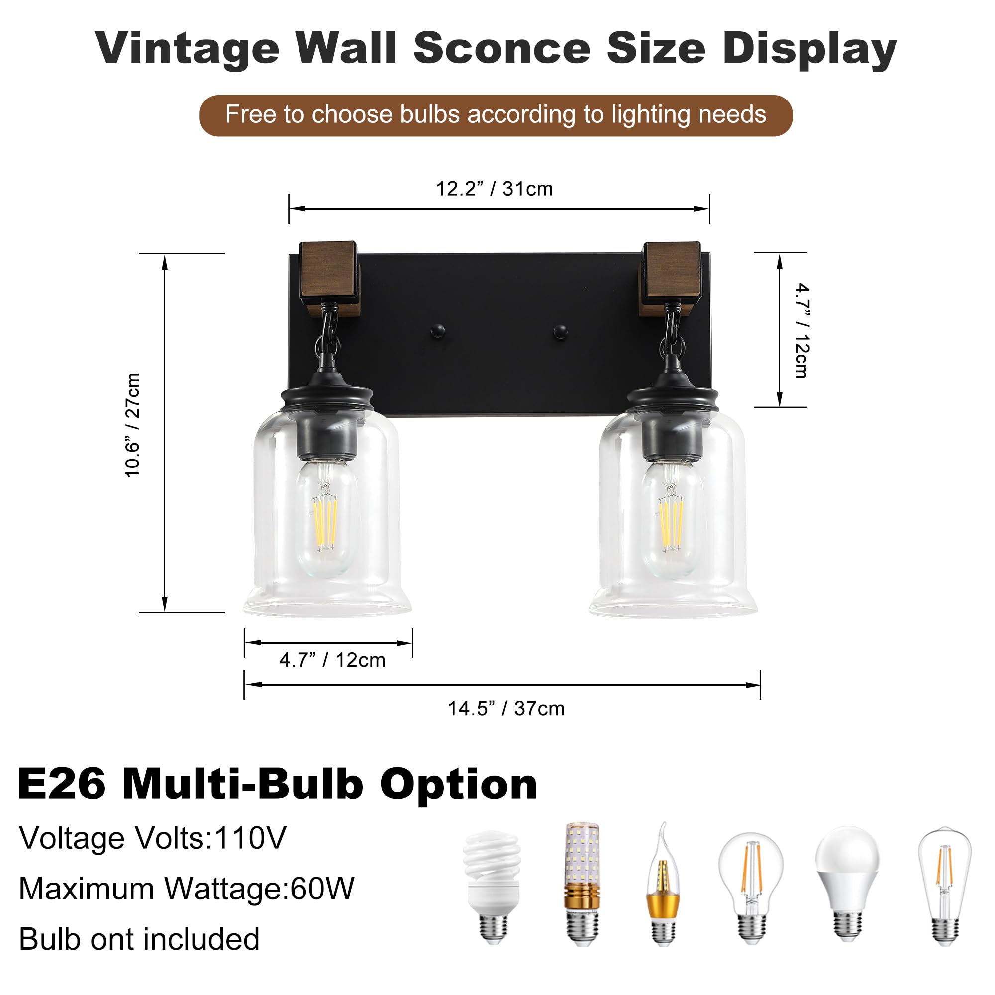 Farmhouse Bathroom Light Fixtures, 2 Light Matte Black Bathroom Vanity Light, Industrial Style with Clear Glass Shades, Lighting