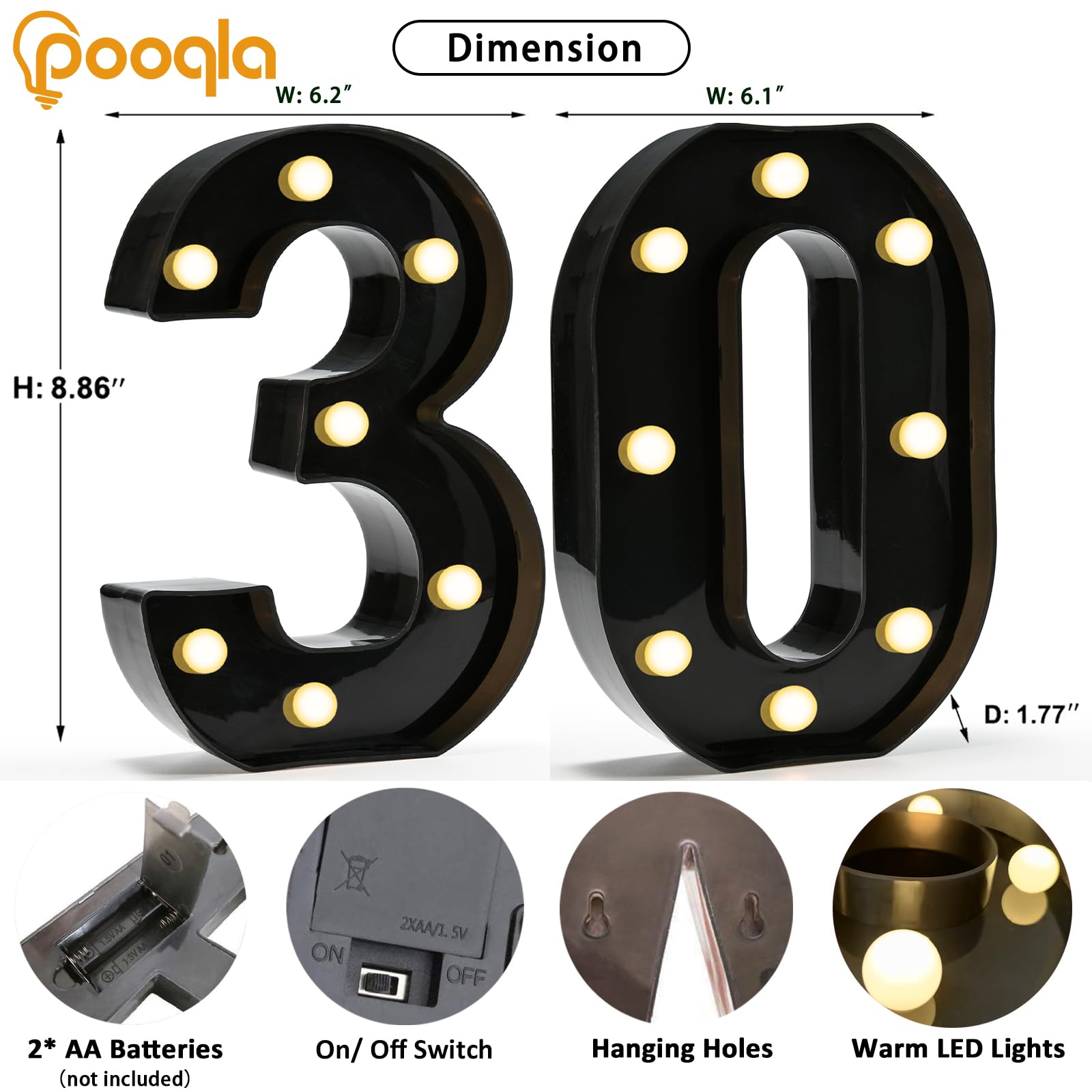 Pooqla Decorative Led Light Up Number Letters, Black Plastic Marquee Number Lights Sign For 30Th Birthday Party Wedding Decor Battery Operated Black Number 30