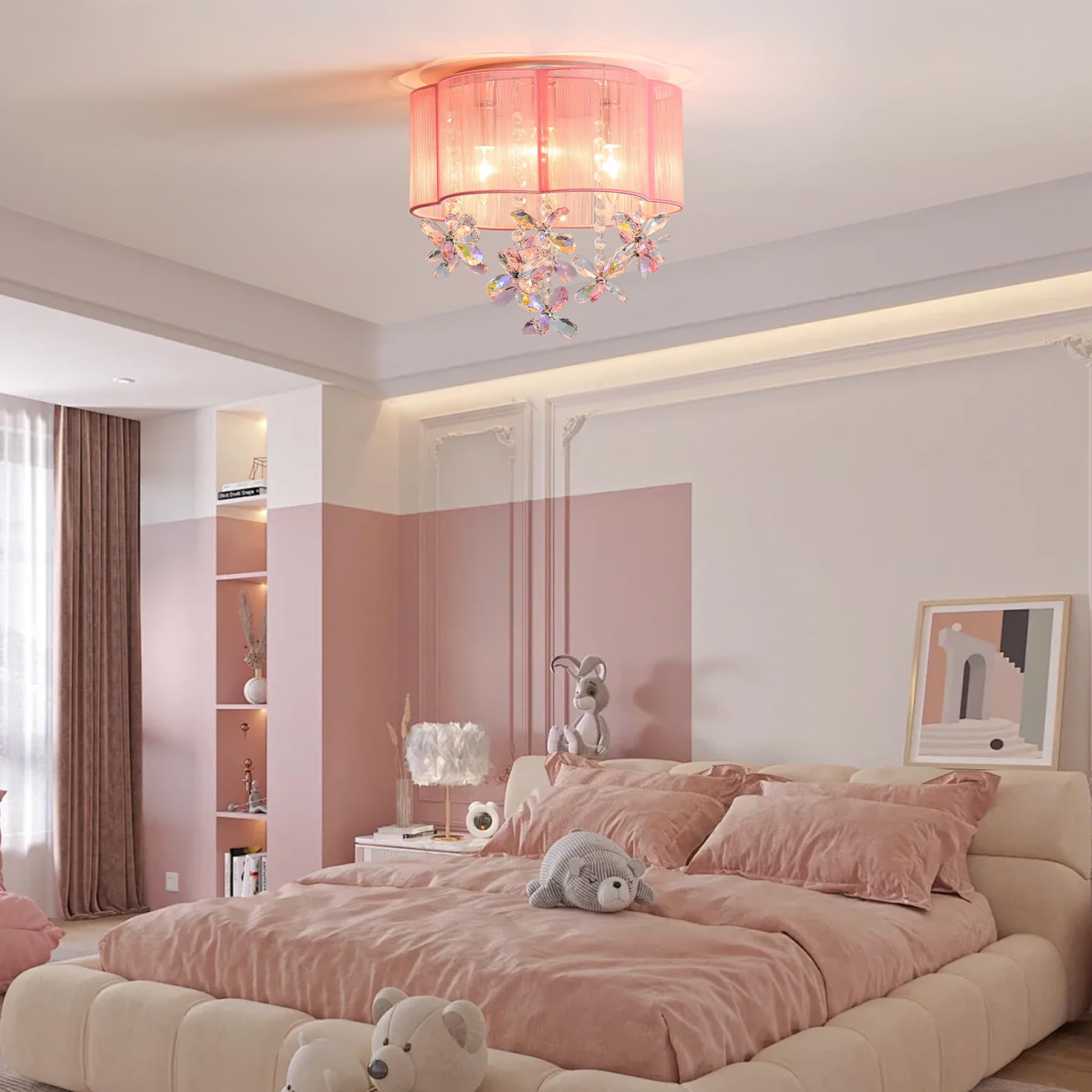 TRIBILLION 3 Light Pink Crystal Mini Chandelier 13" Flush Mount with Handmade Flower Lampshade for Girls' Bedroom, Nursery, Dinning Room