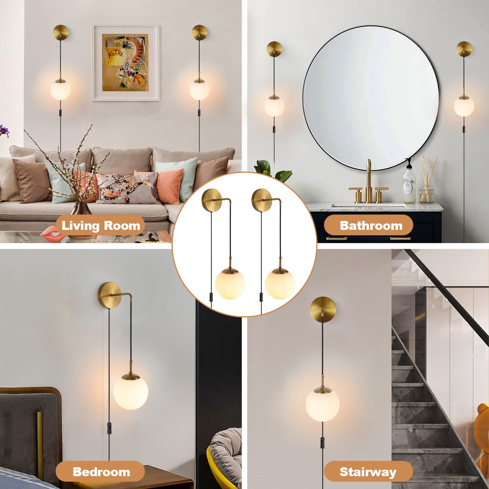KUZZULL Wall Sconces Set of Two Plug in Wall Sconces Brushed Brass Gold Wall Lamp with Cord Wall Sconce Plug in with Globe White