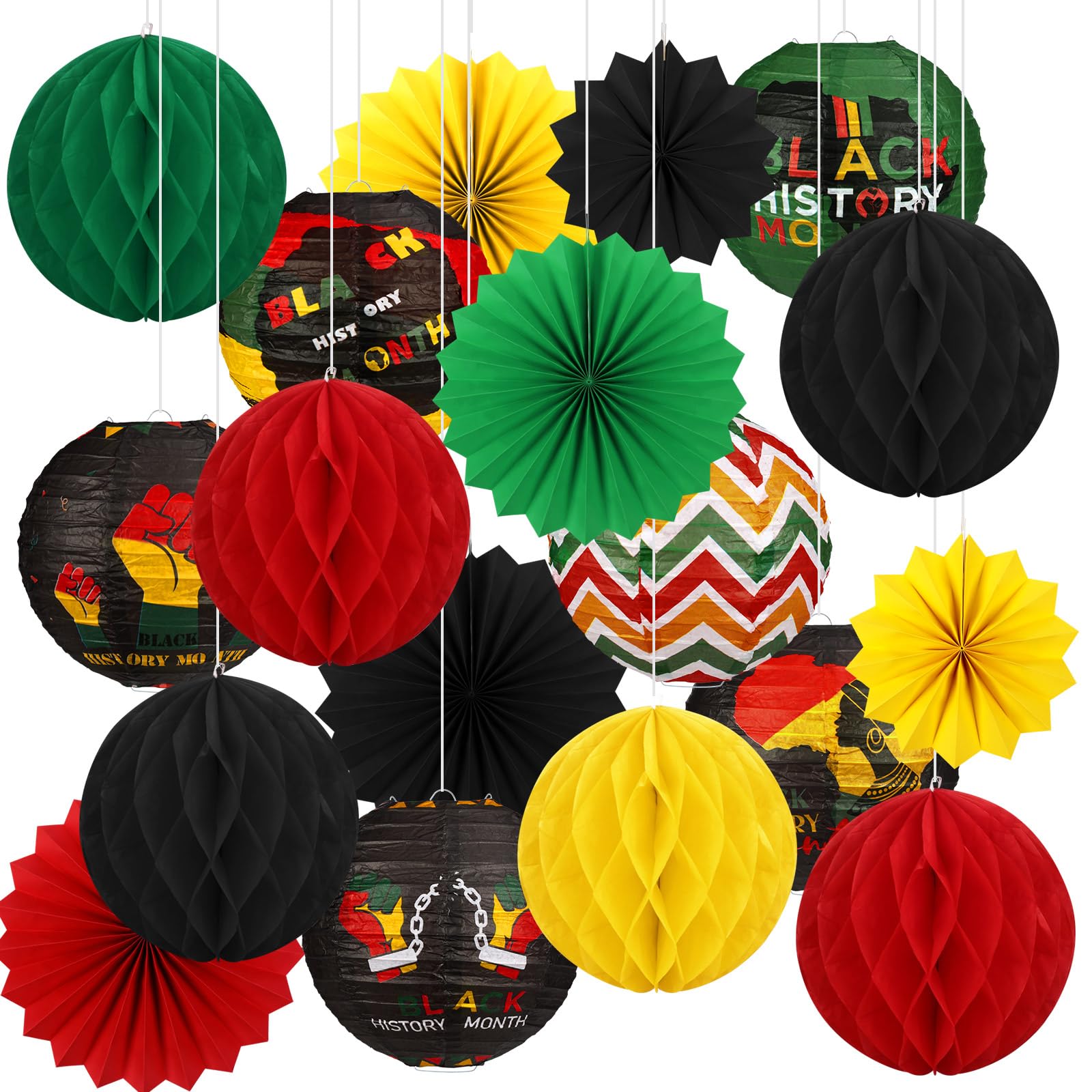 18 Pcs Black History Month Party Hanging Decoration Black Red Green Yellow Hanging Paper Lanterns Round Honeycomb Ball Paper Fan