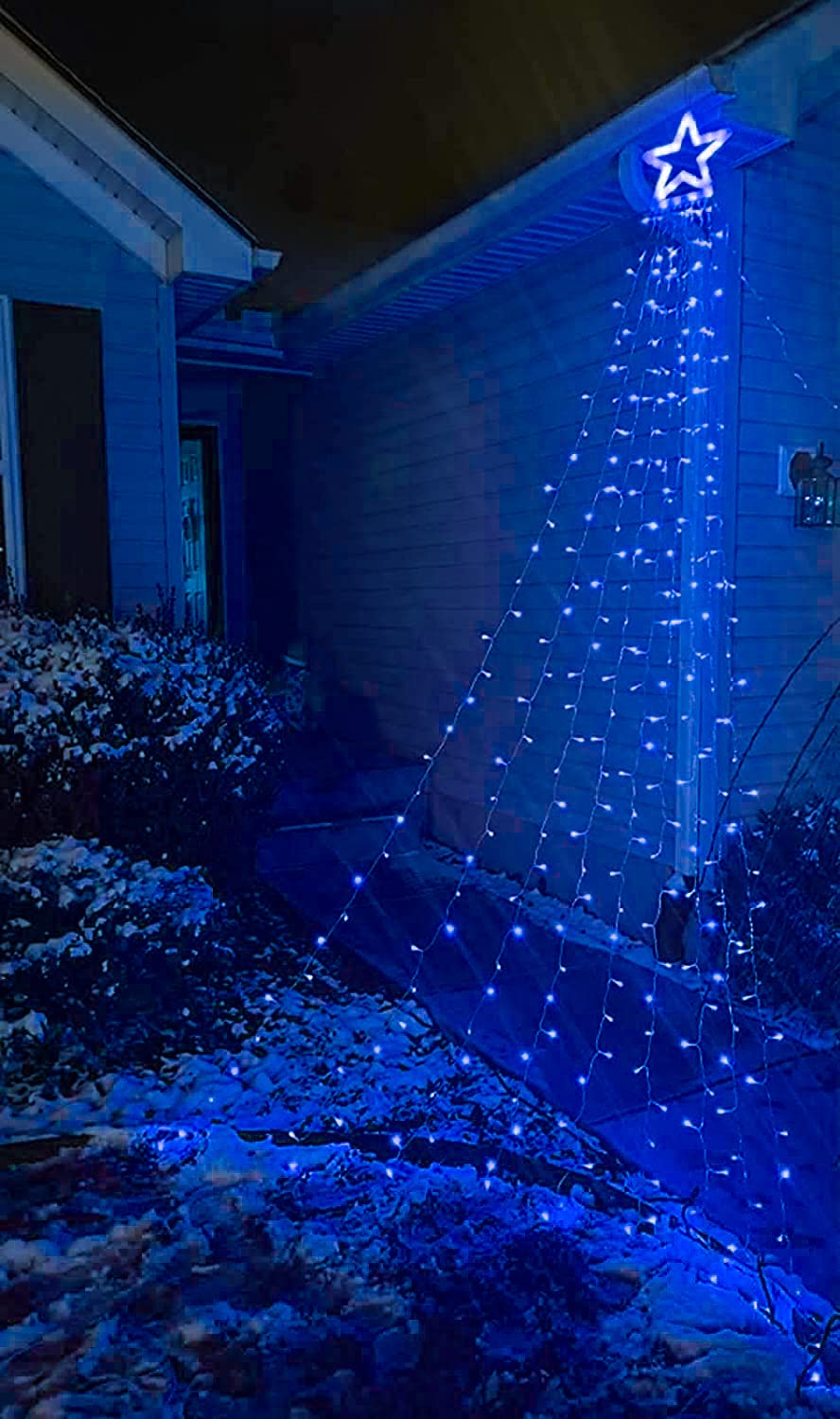 DINGFU Christmas Tree Lights, 11.5 ft, 317 LED, 8 Lighting Modes, Timer, Outdoor Decorations, Blue, Model YLC317BD01