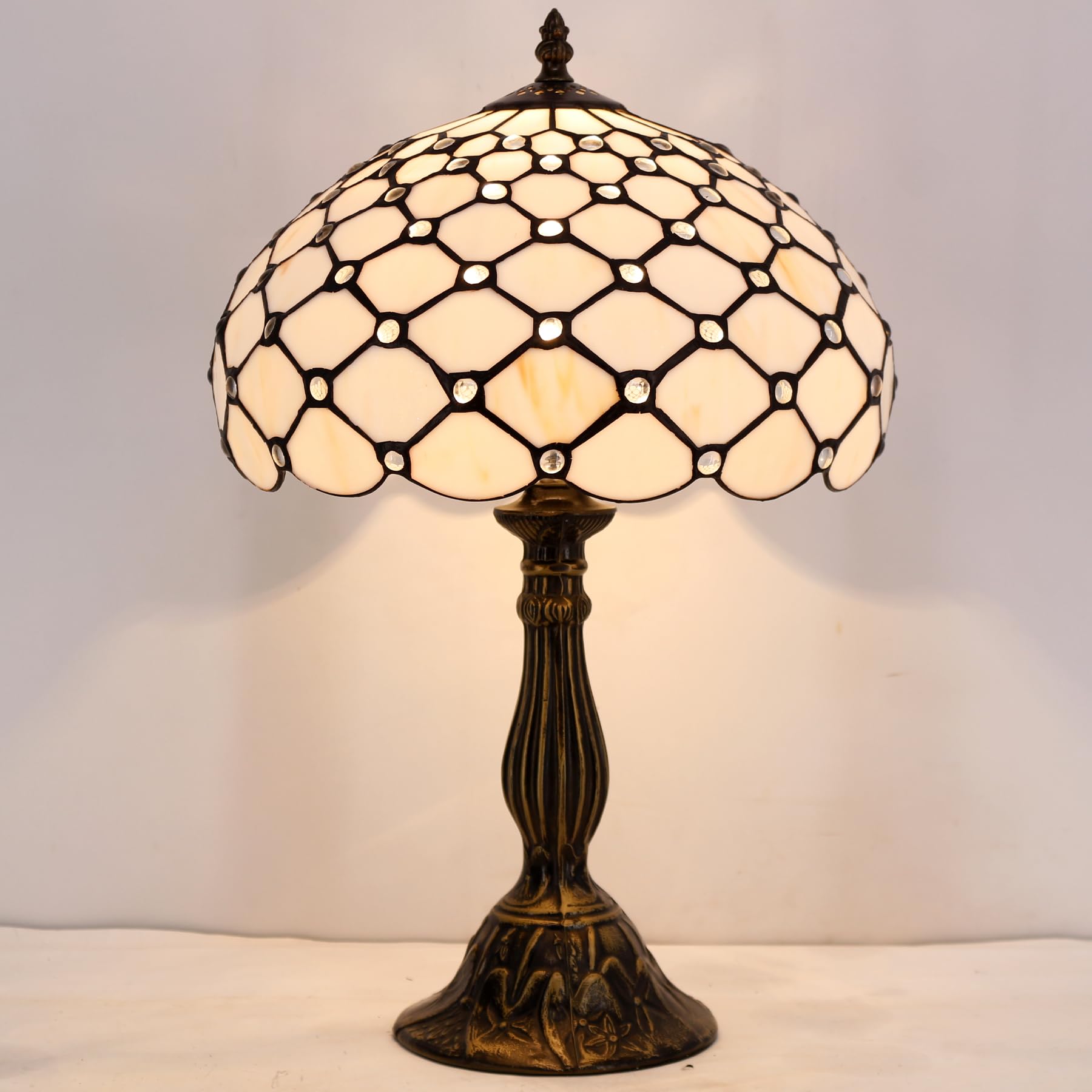 Werfactory Tiffany Lamp Cream Amber Stained Glass Bead Table Lamp Desk Bedside Reading Light 12X12X18 Inches Deco Bedroom Living