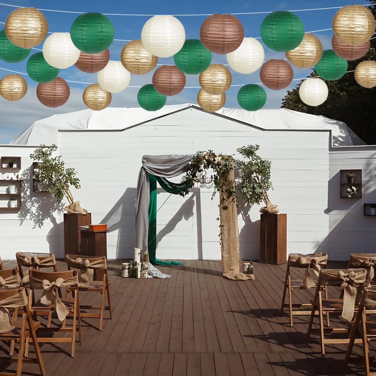 YUNXUAN Paper Lanterns Pack of 12, Round, Green Brown Gold, for Birthday Party and Baby Shower Decorations, Model YX1034
