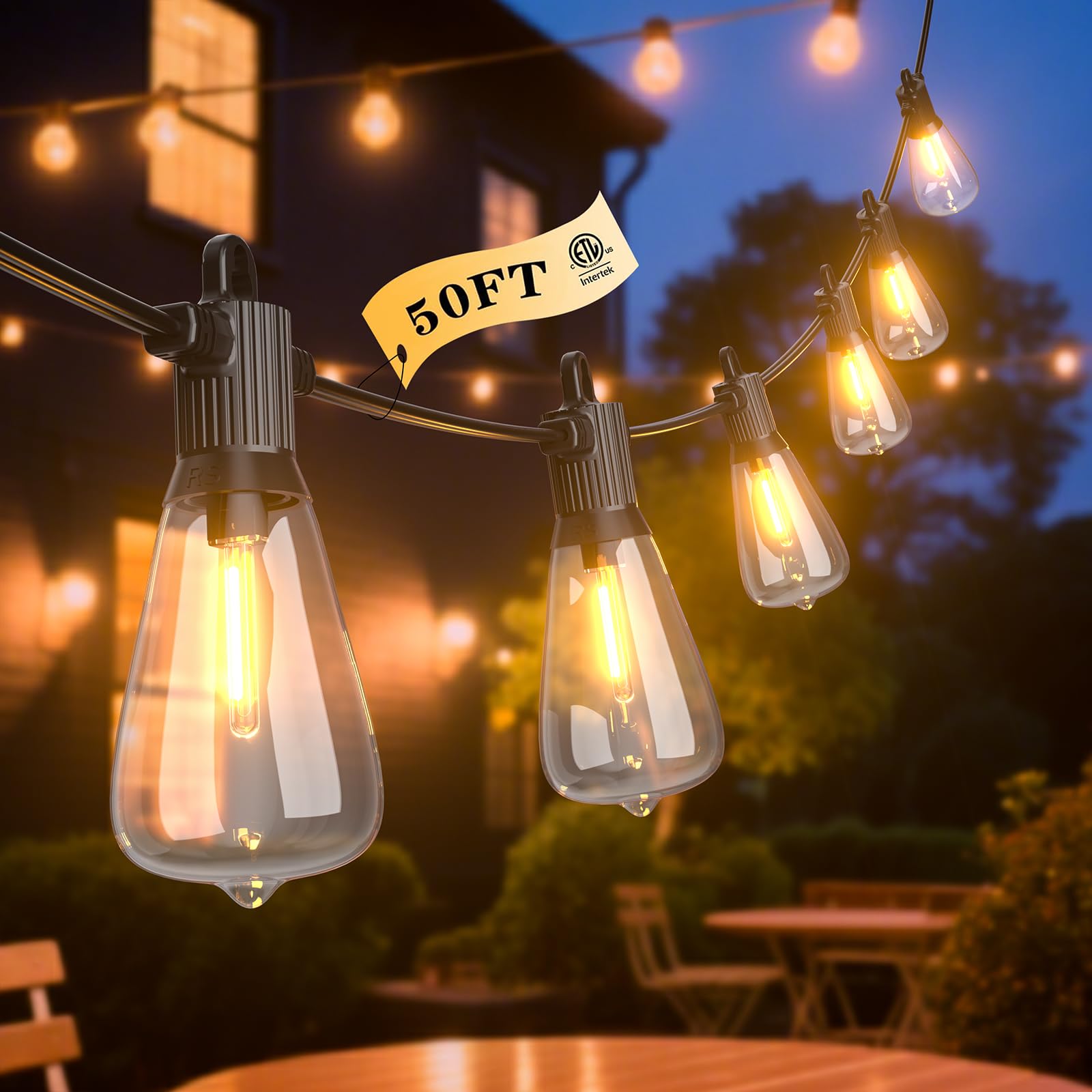 FOOMAN LED Outdoor String Lights, 50FT Outside Waterproof Patio Lights with 25+2 Shatterproof ST38 Edison Bulbs, 2700K Warm Whit