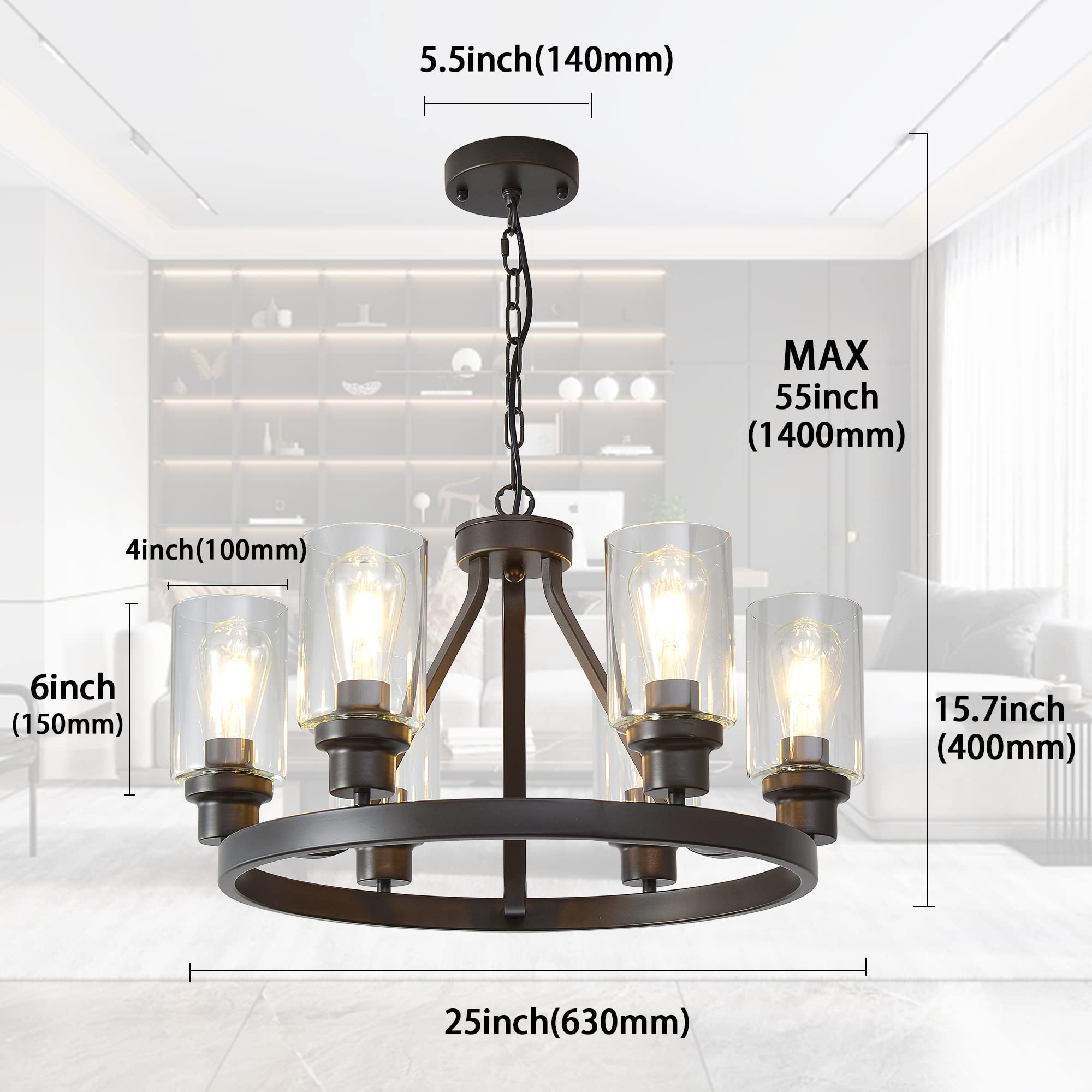 Sivilynus Farmhouse Chandelier - 6 Lights, Oil Rubbed Bronze, Vintage Rustic Ceiling Fixture for Dining Room, Living Room, Kitchen Island