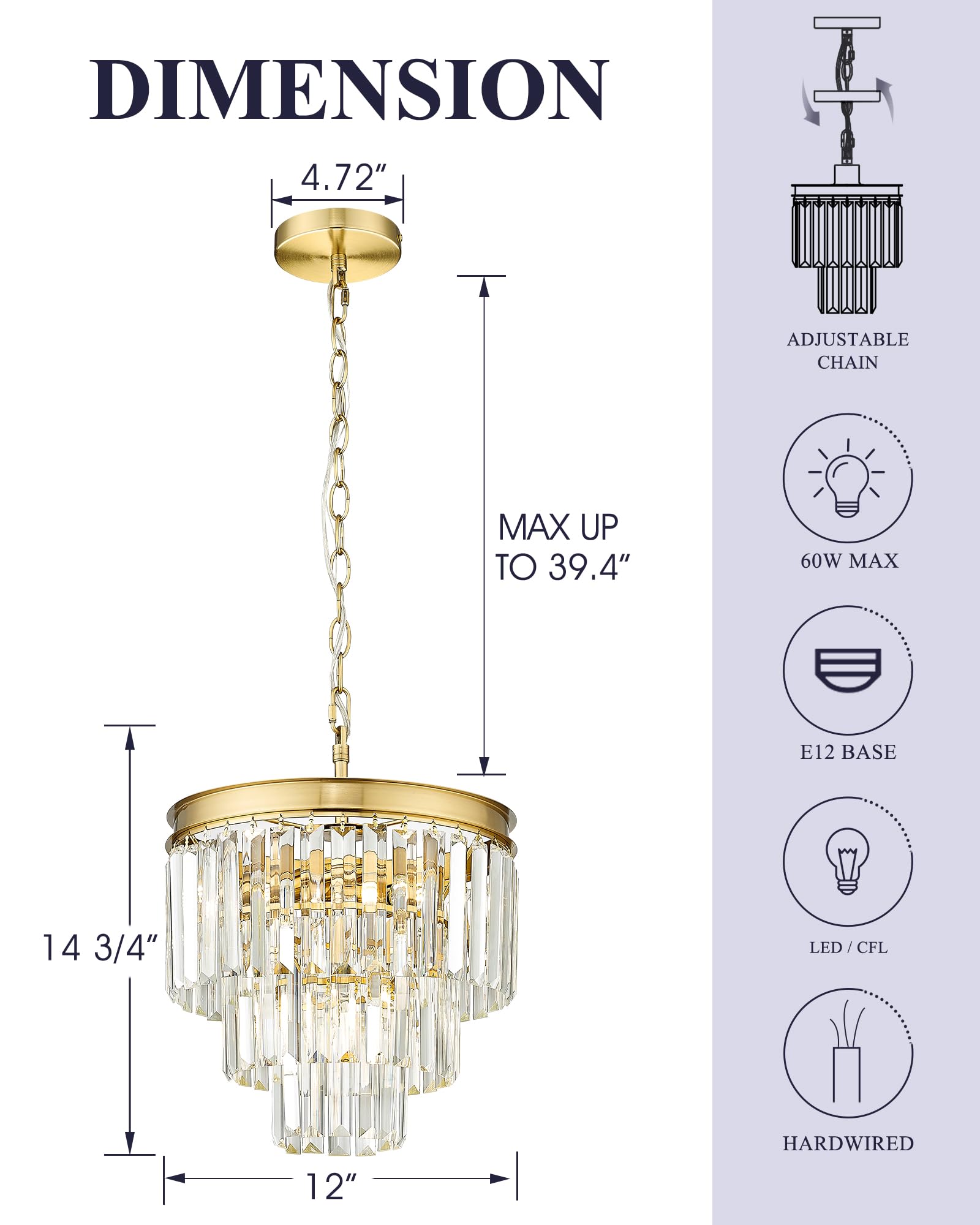 3 Tier Gold Crystal Chandeliers, 12 Inch Modern Chandelier Light Fixture, Pendant Lighting Fixtures For Kitchen Island, Vintage