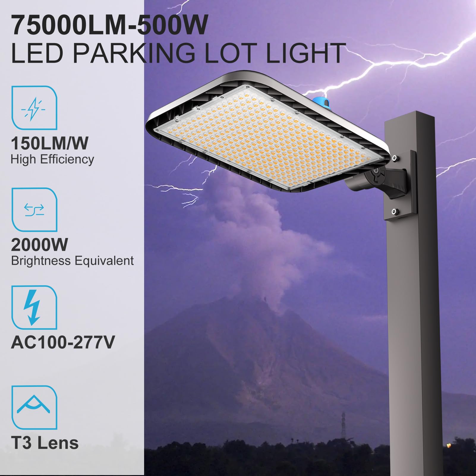 Lightdot 500W Parking Lot Lighting 75000Lm 5000K Led Parking Lot Lights With Dusk To Dawn Photocell  Ip65 Waterproof Arm Mount-2Pack (Coverage: 66~121Ft At Height:30~55Ft)