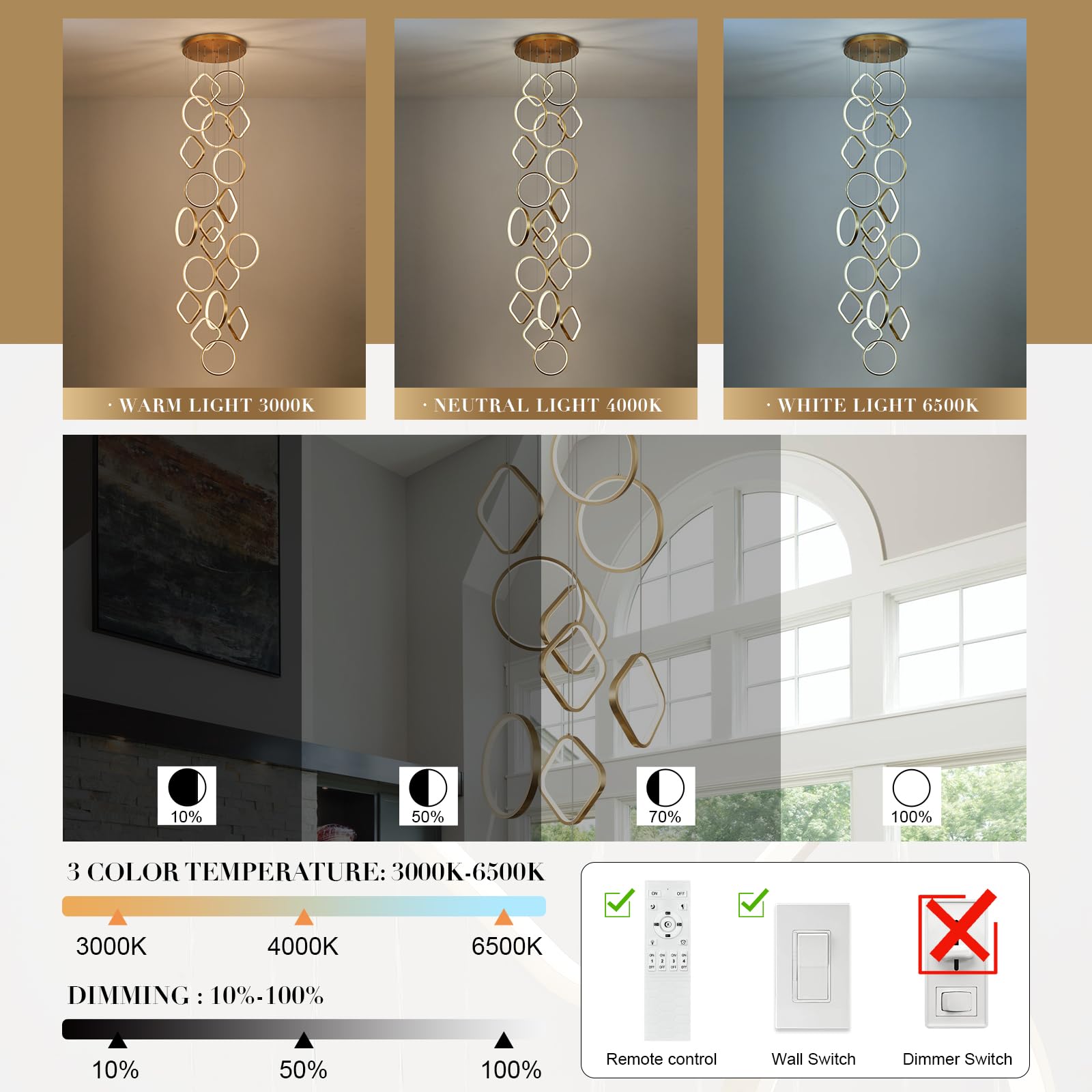 AIRYPHANT Modern LED Chandelier 20-Light Dimmable Gold 3000-6500K Remote Control P2001-20GDC1 for High Ceiling Living Room Entryway
