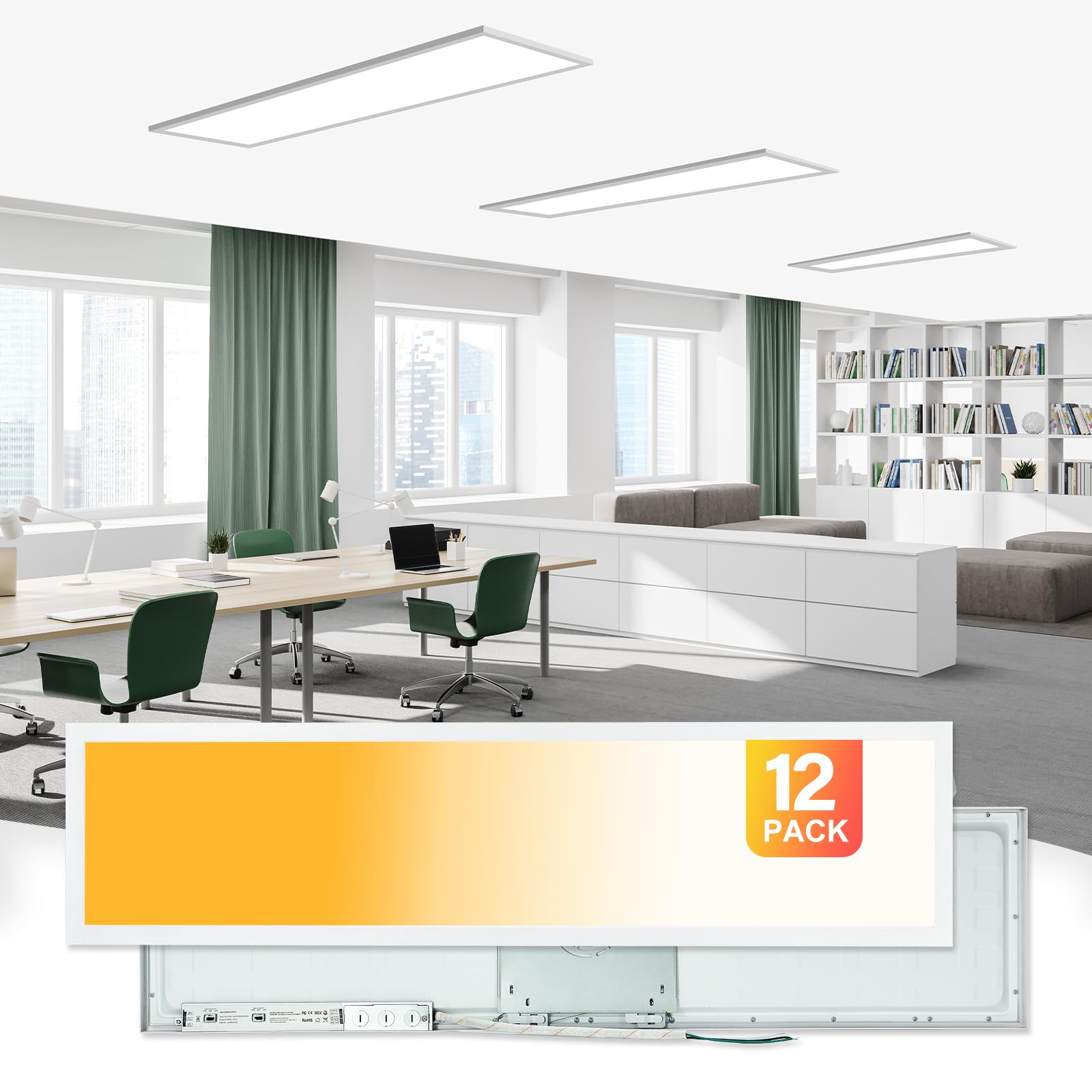 Mcacggo 12-Pack 1x4 LED Flat Panel Light Surface Mount, 5000K-4000K-3000K Selectable & 0-10V Dimmable, Rectangular Flush Mount C