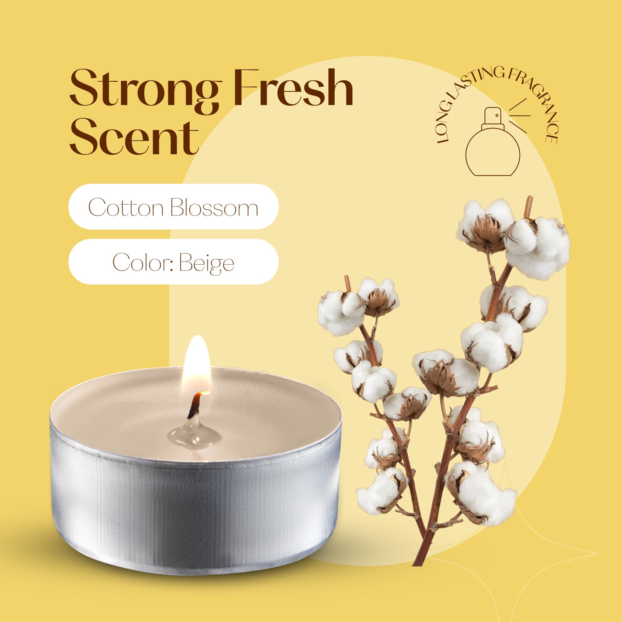 Beige Scented Tealight Candles - Pack Of 12 Scented Tea Light Candles With Long Lasting Aromas - Cotton Blossom Fragranced Beige Tealight Candles - 4 Hour Burn Time