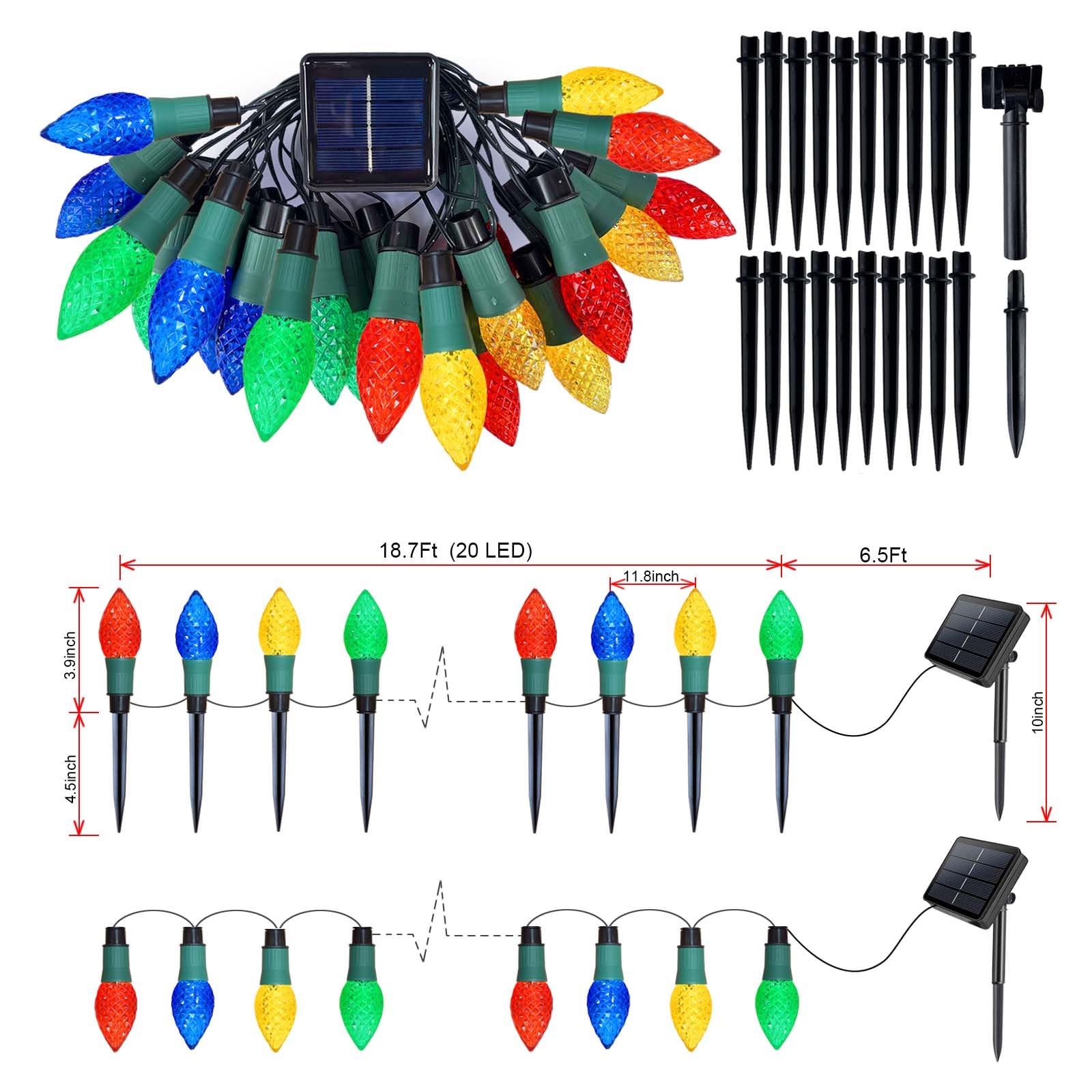 Homeleo 20 Led Solar C9 Christmas Lights Outdoor, 2-In-1 C9 Christmas Pathway Lights & String Lights For Outdoor Christmas Decor