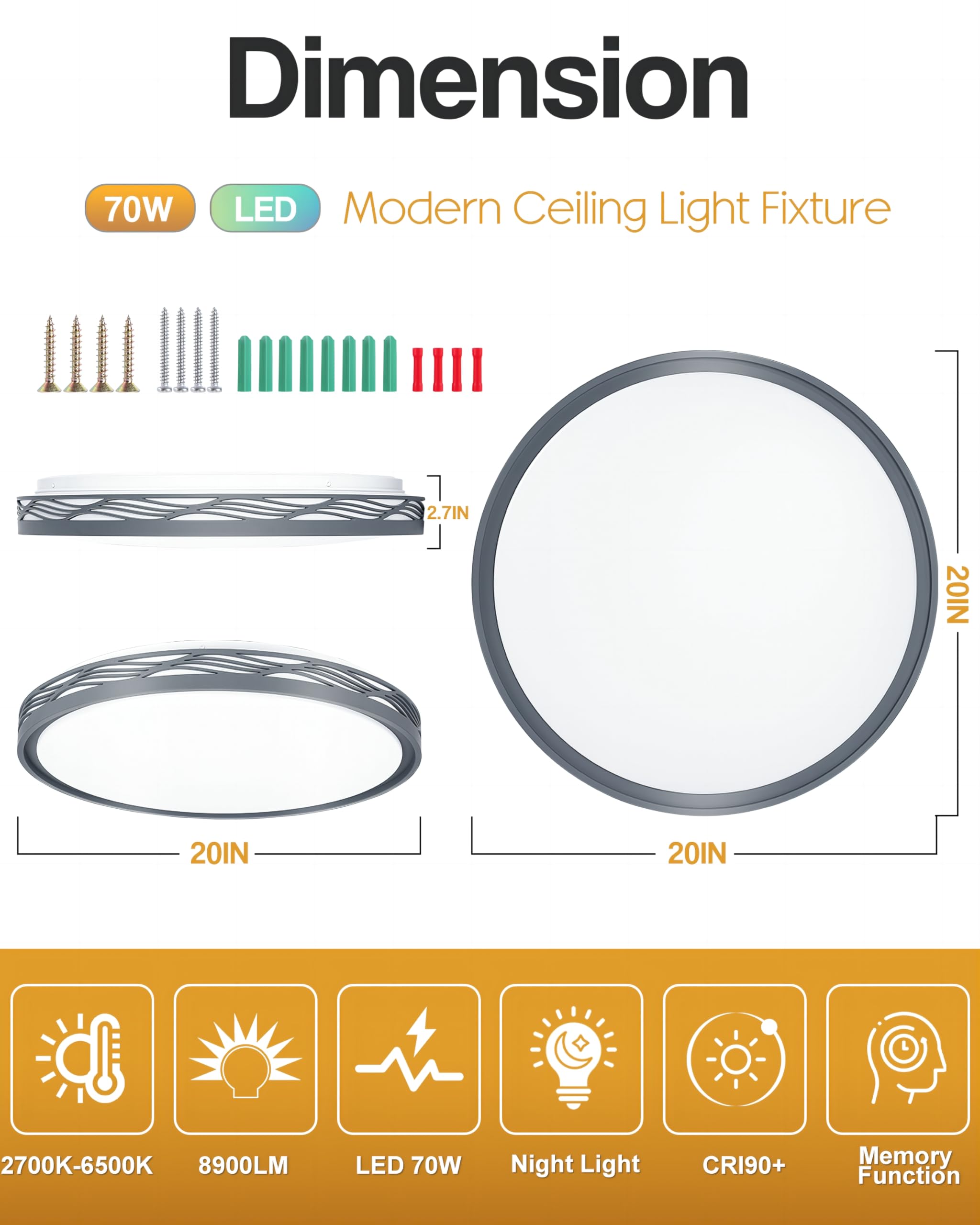 FCPVHOY LED Ceiling Light Fixture, 20 Inch, 70W Dimmable, 8900lm, Metal, Grey