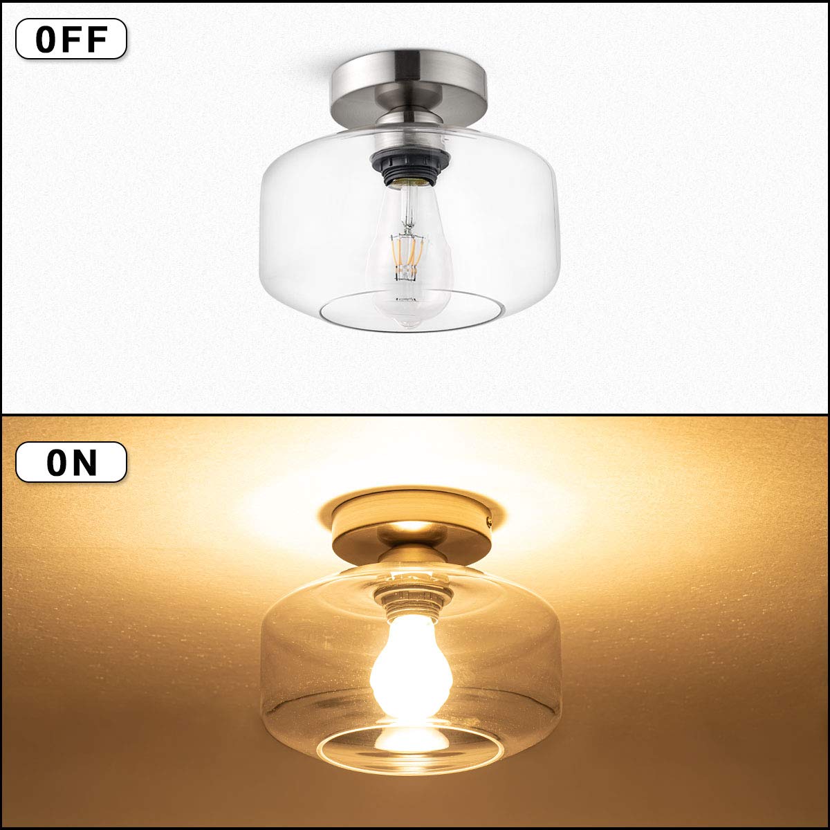 Tehenoo Semi Flush Mount Ceiling Light,Clear Glass Shade, E26 Socket,Brushed Nickel Ceiling Light Fixtures For Hallway,Entryway,