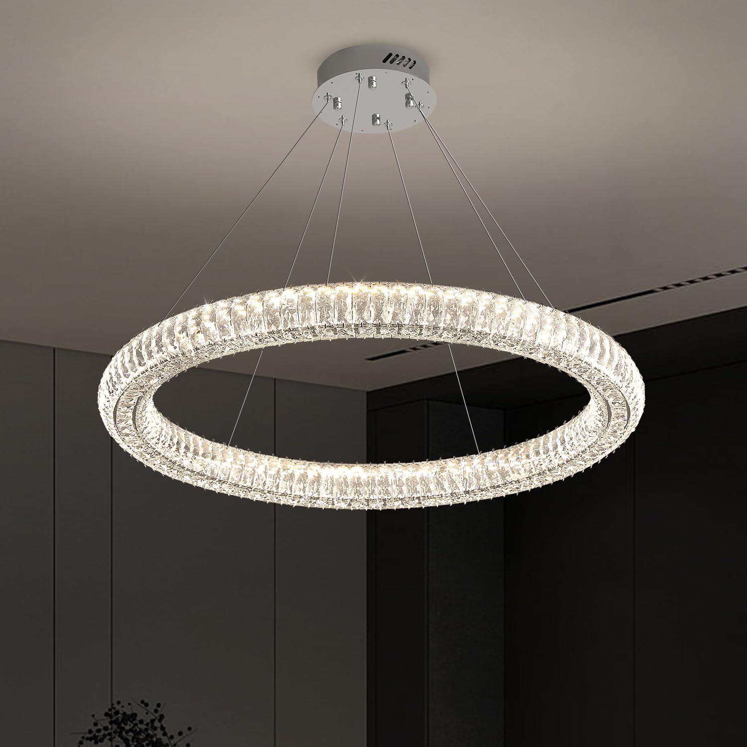 IDEQUY Modern Crystal Chandelier Dimmable LED 31.5'' Ring Pendant Light Adjustable Round Chrome Crystal Chandelier Light Fixture