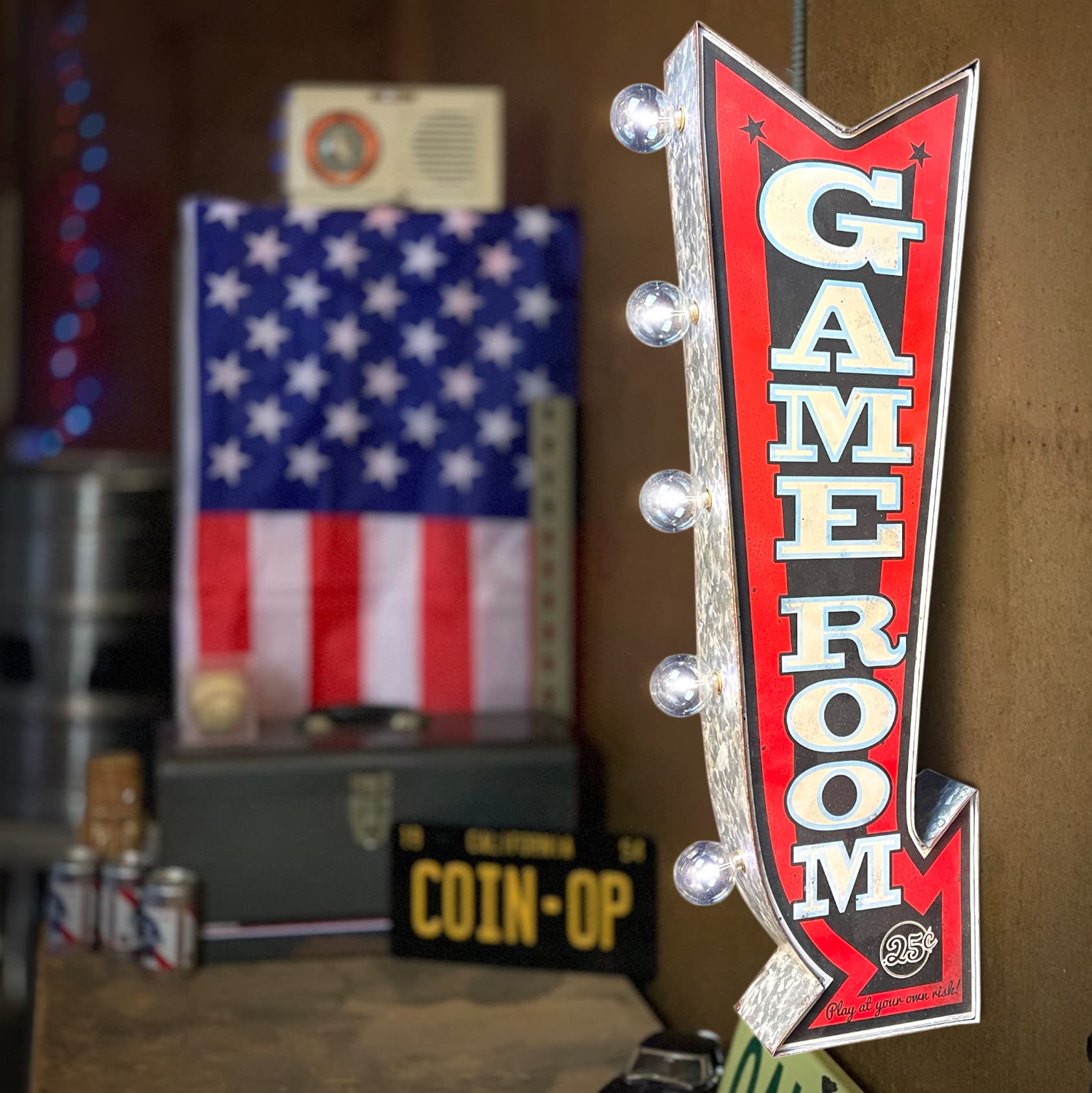 American Vintage Sign Co. Game Room Double-Sided Marquee Sign with LED Bulbs, 25” x 8”, Retro Print Decor