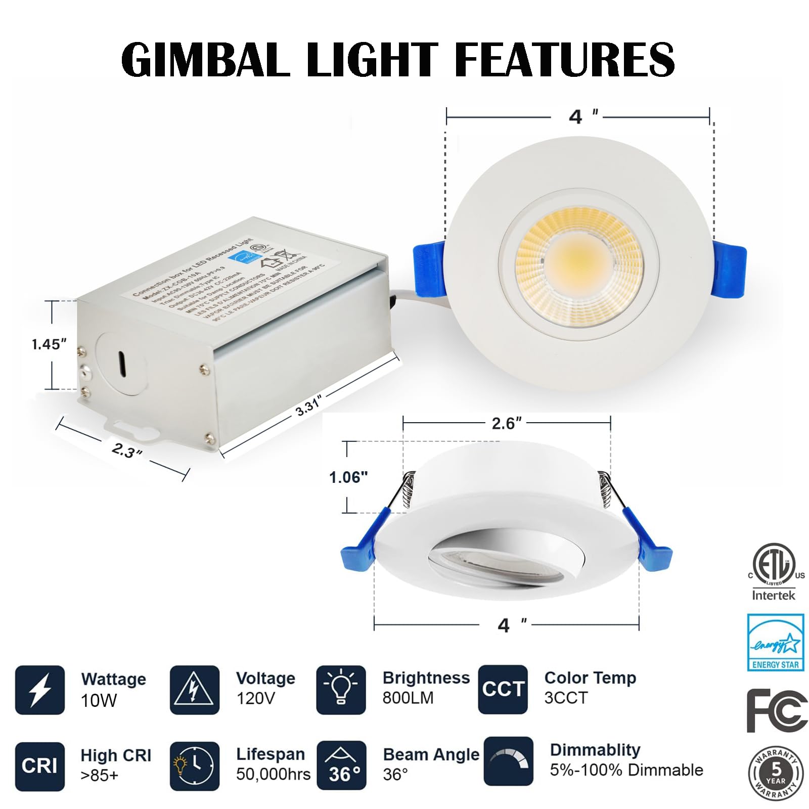 LTpro 3 Inch Gimbal LED Recessed Lights, 10W, Dimmable, 5 CCT 2700K-6000K, Waterproof, Aluminum, 4 Pack