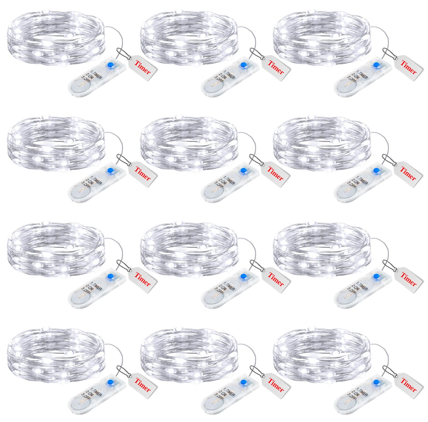 Minetom Fairy Lights 12 Pack, 20 LED, 7ft Waterproof Silver Wire, Battery Operated with Timer, White for DIY Crafts and Décor