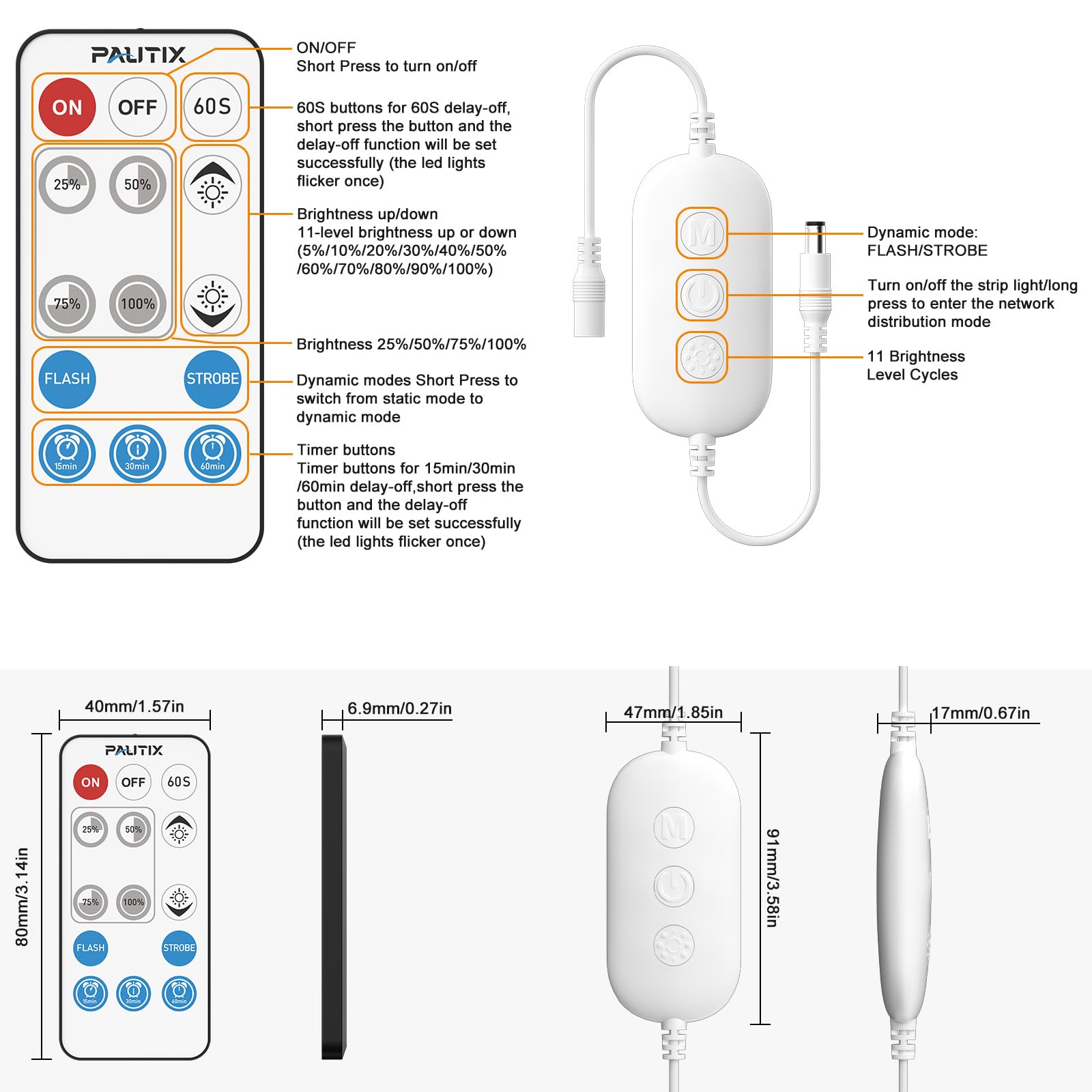 Pautix Rf Remote Dimmer For Single Color Led Strip Lights 14-Key Wifi, Whtie, Hh-1201K3E