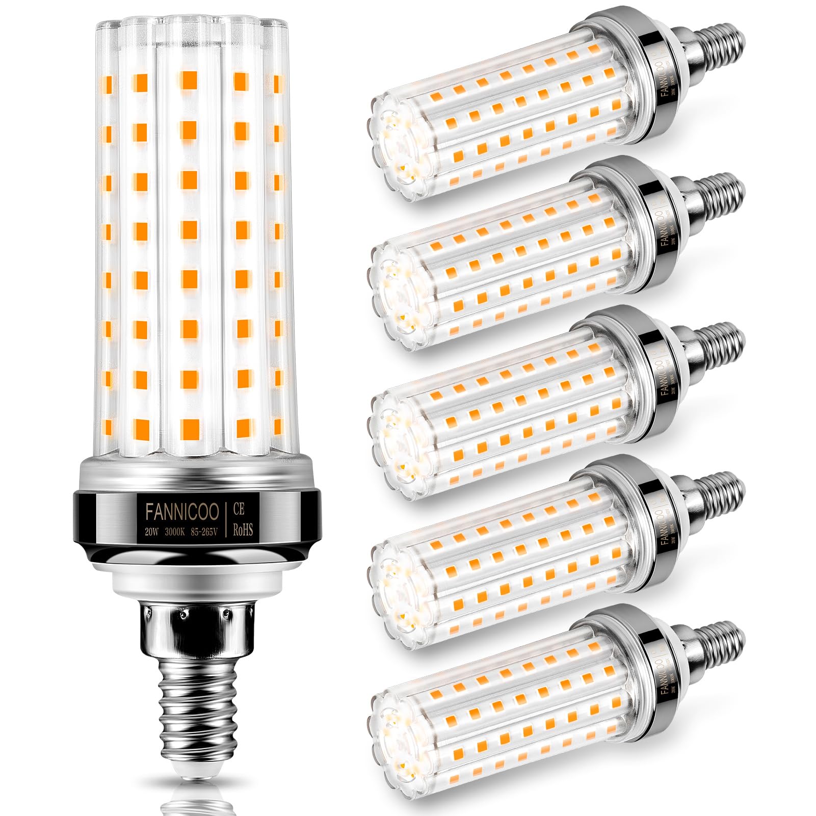 FanNicoo E12 LED Bulb, 6pcs 20W, 150W Equivalent, 2500 Lumen, Warm White, Non-Dimmable Candelabra Light Bulbs