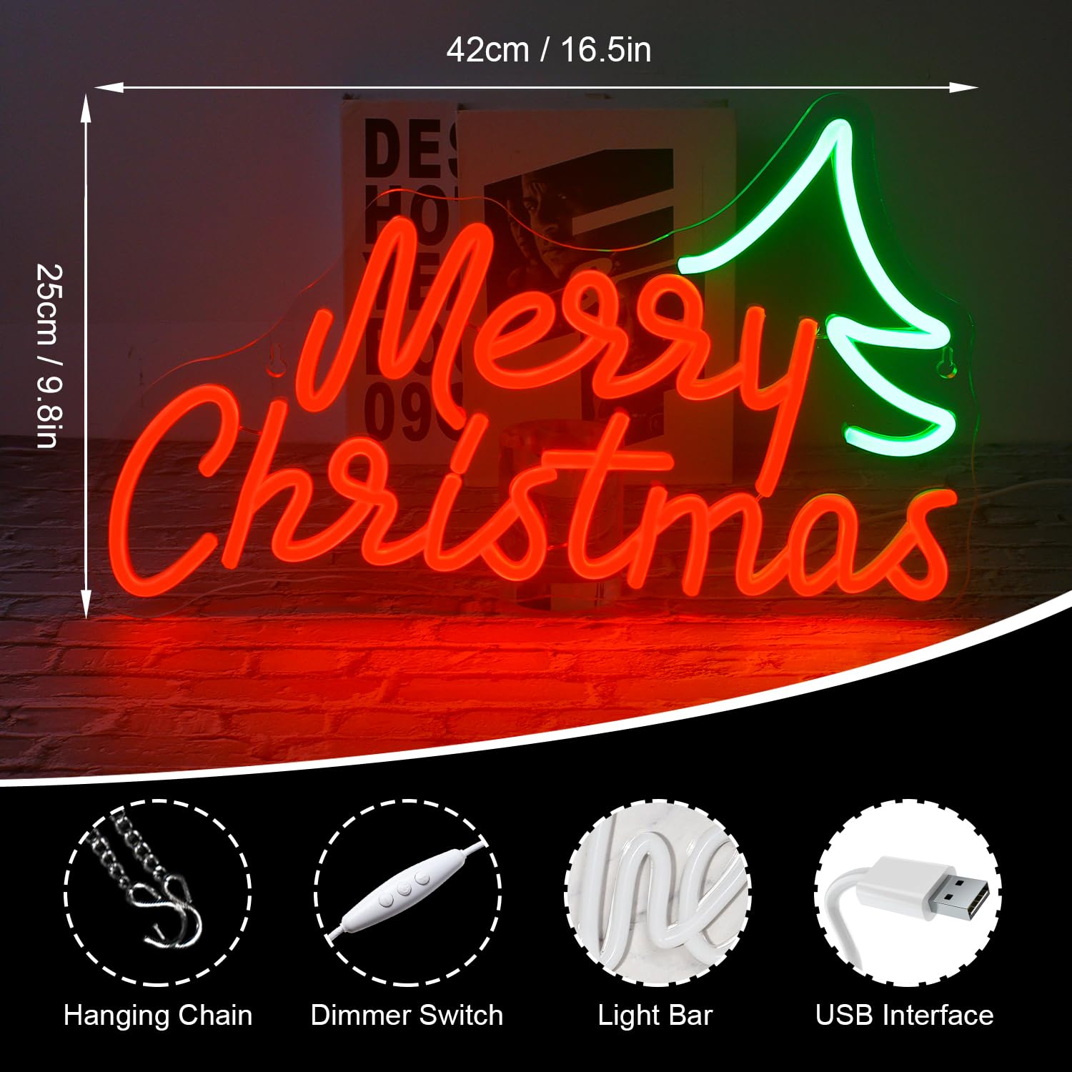 DREAMFORT Neon Sign - Merry Christmas LED Light, Dimmable, USB Powered, Acrylic Decoration for Bedroom, Living Room, Party