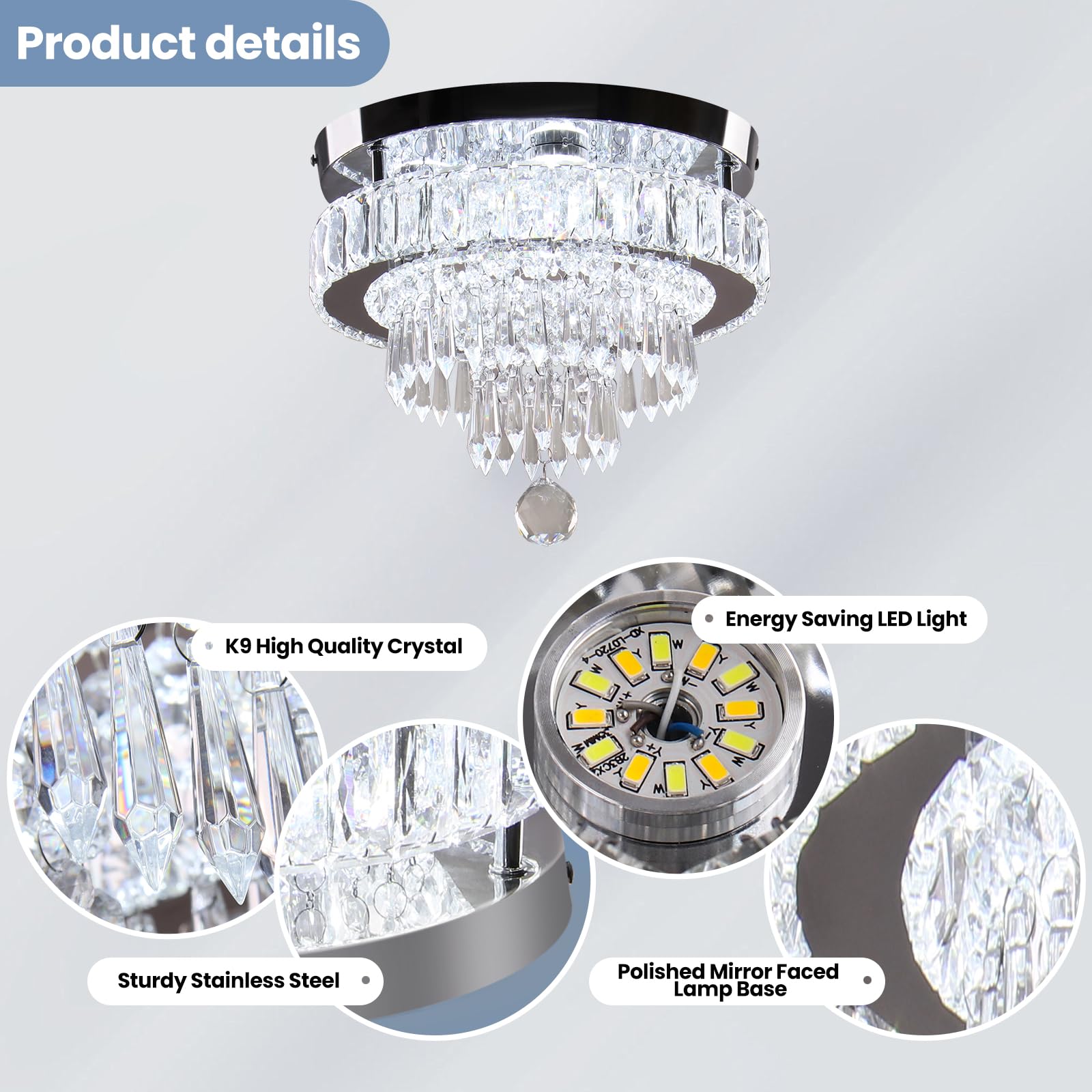 LEONTYNE Modern Crystal Dimmable LED Chandelier Light, 11.8 inch Flush Mount Ceiling Fixture, Remote Control, MC002-D-New, Color MC002-D-New