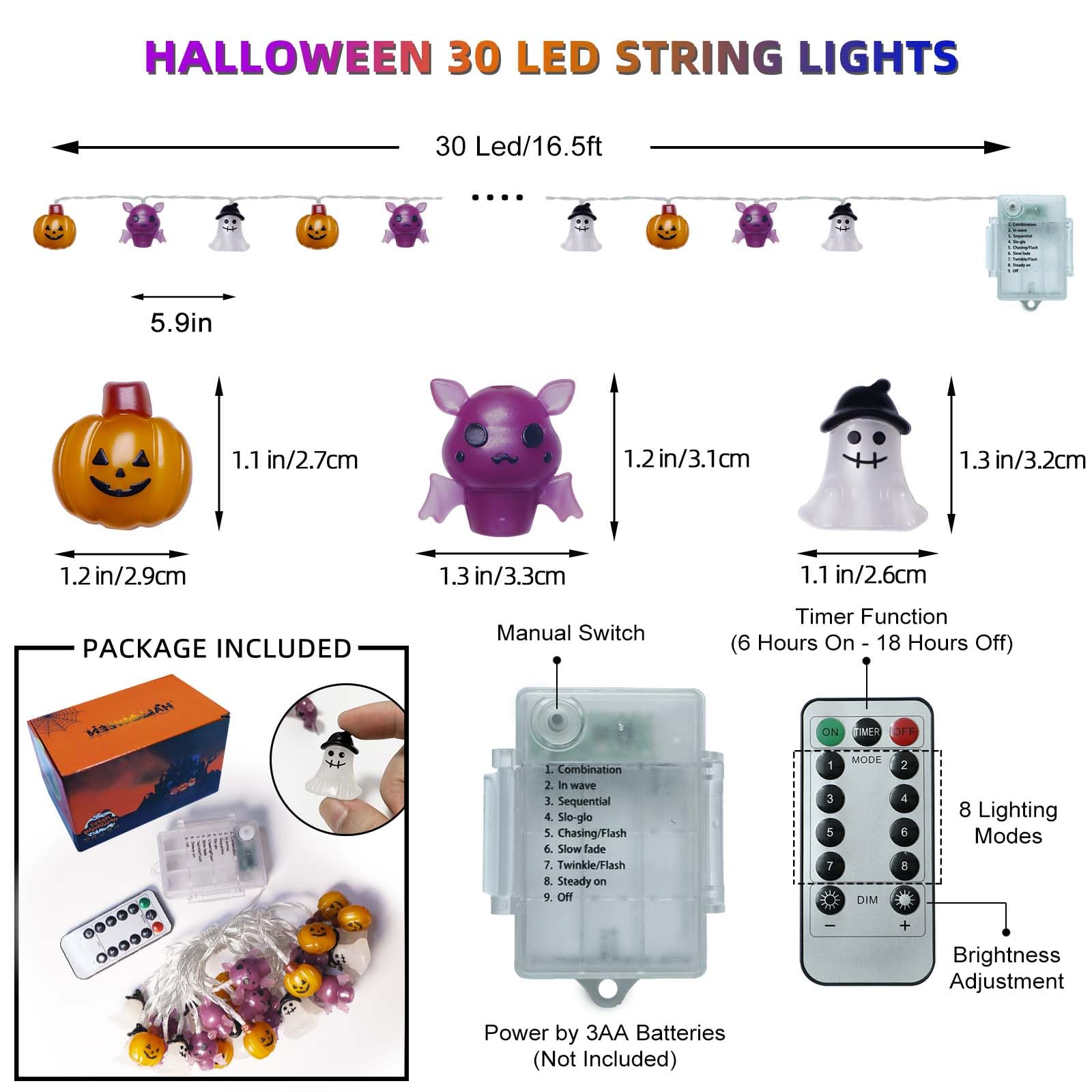 Halloween Bulb String Lights Decorations, Battery Operated Powerd 8.2 Ft 12 Led Orange Purple White Skeleton Pumpkin Tombstone Spooky Cute Timer 8 Lighting Modes Twinkle Indoor Outdoor Window Decor