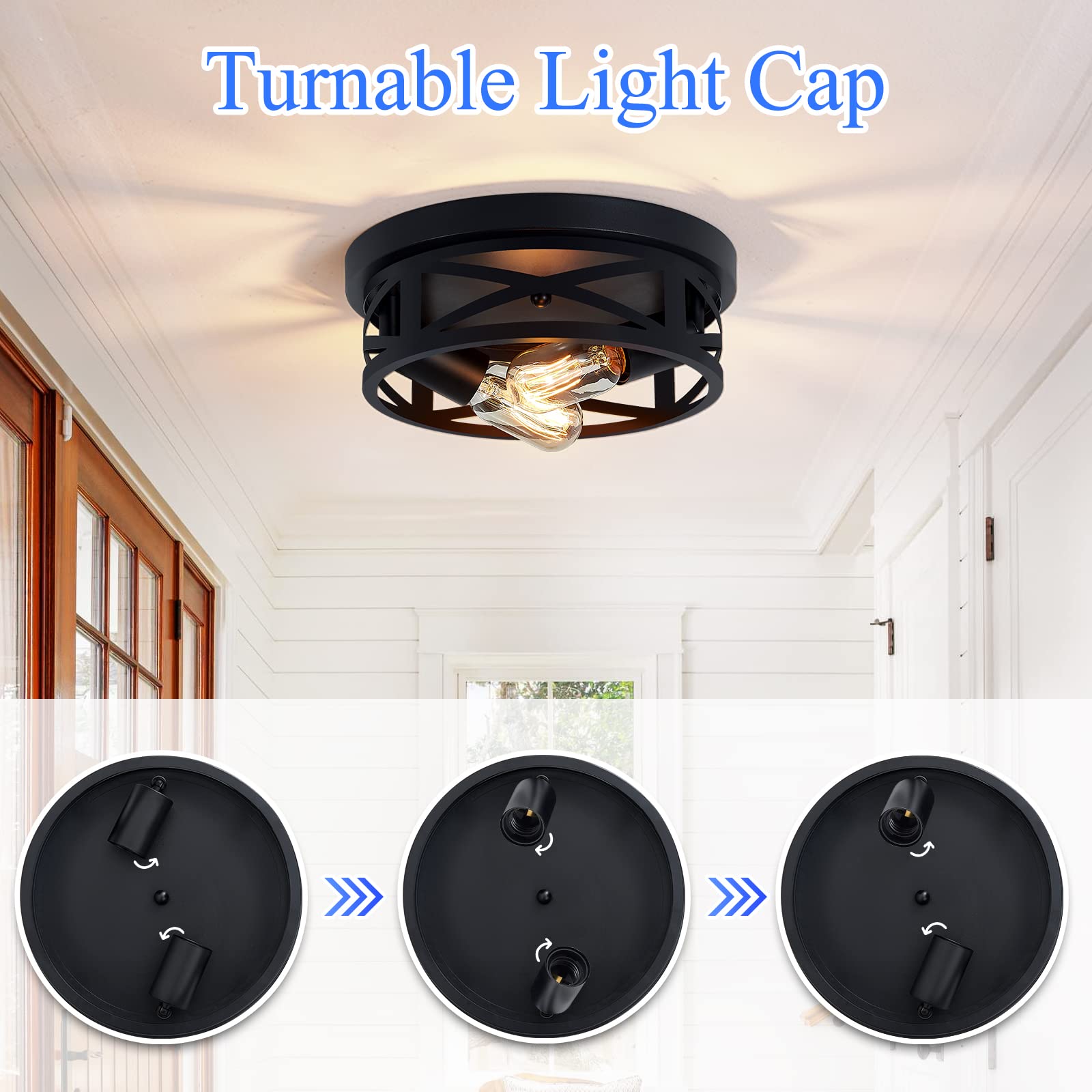 Skejao Flush Mount Ceiling Light Fixture,Black 2-Light Hallway Light Fixtures Ceiling,Light Fixtures Ceiling Mount For Farmhouse
